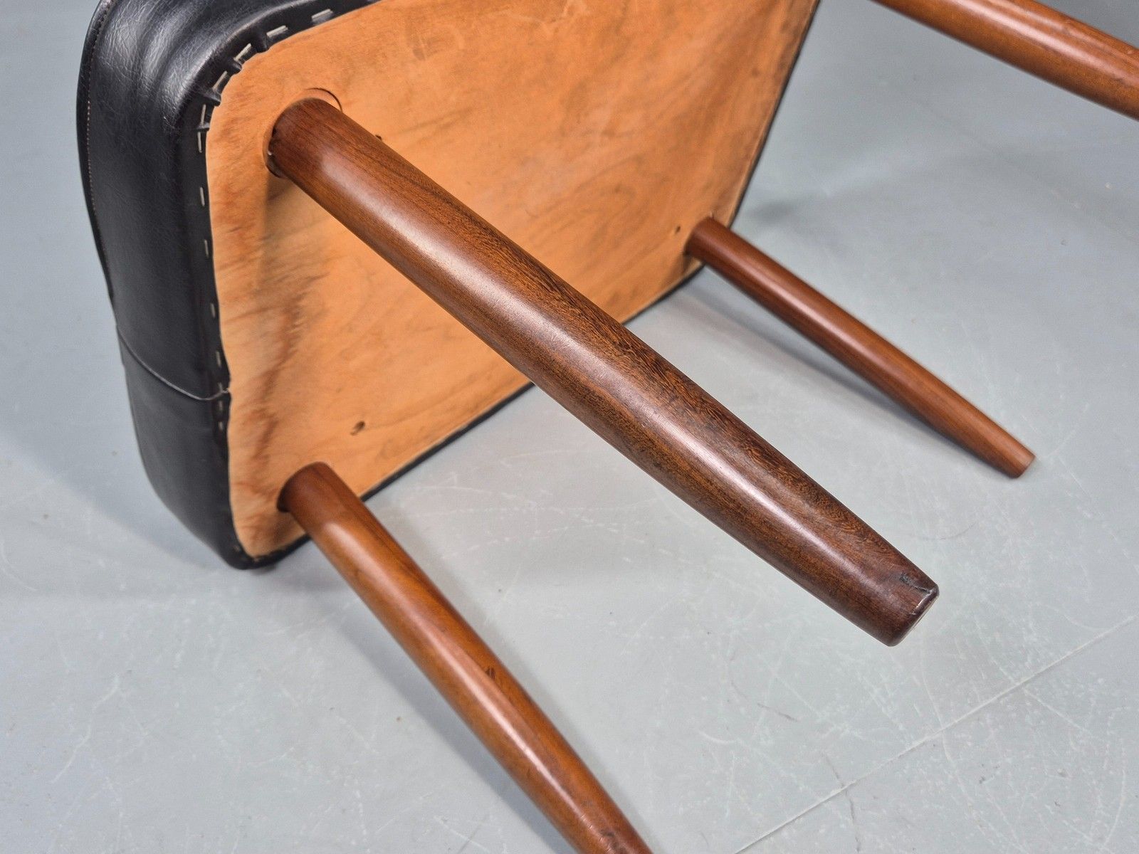 Furniture Vintage Mid Century Footstool Danish Black Vinyl Teak Legs 1960s Retro Eb12012 photo