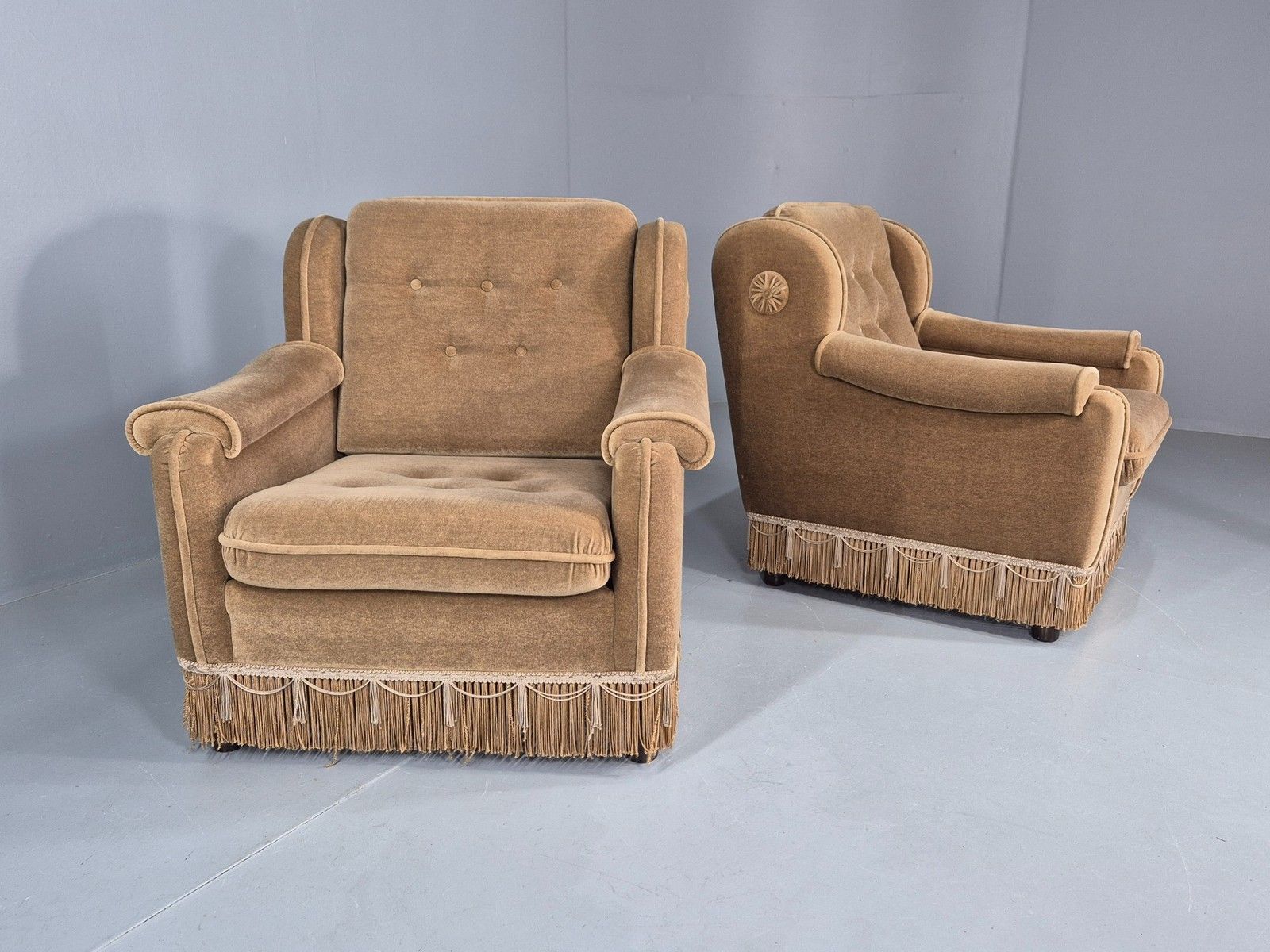 Vintage 1970s Lounge Chairs Green Velour Tassels Wing Back Danish Retro Eb12137 photo furniture