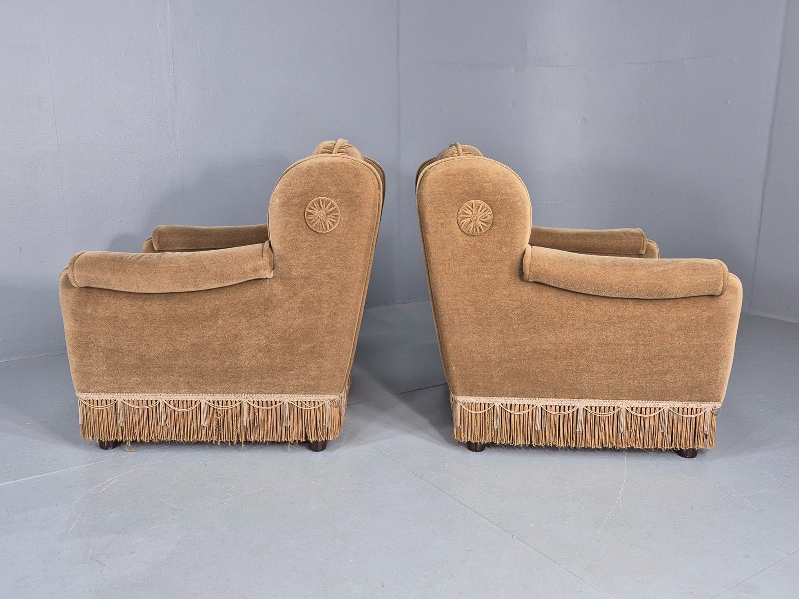 photo furniture Vintage 1970s Lounge Chairs Green Velour Tassels Wing Back Danish Retro Eb12137