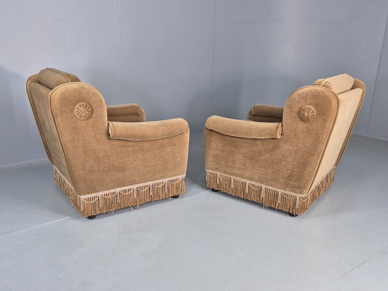 350.0 Vintage 1970s Lounge Chairs Green Velour Tassels Wing Back Danish Retro Eb12137 photo