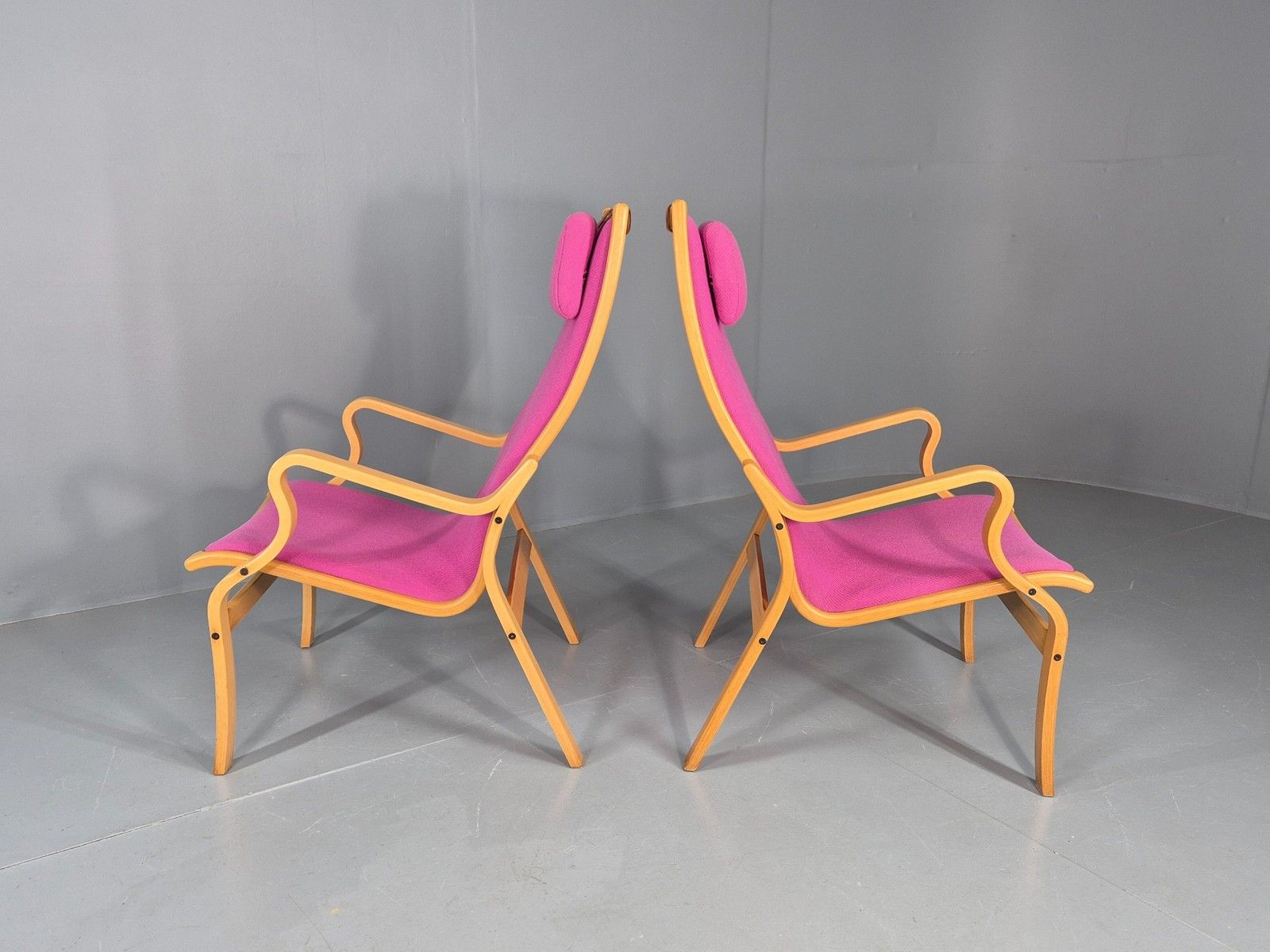 2 Vintage Bentwood Lounge Chairs Finn Ostergaard Pink Wool Retro Eb12143 photo for sale