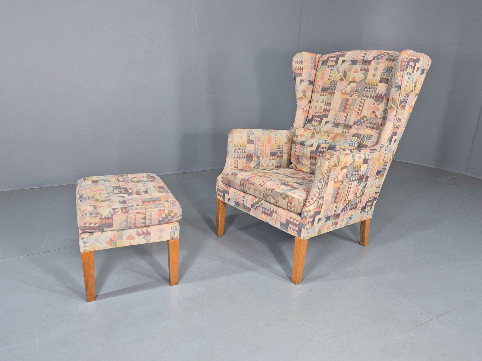 Vintage Danish Wing Back Armchair And Stool 1980s Retro Mcm Eb12139