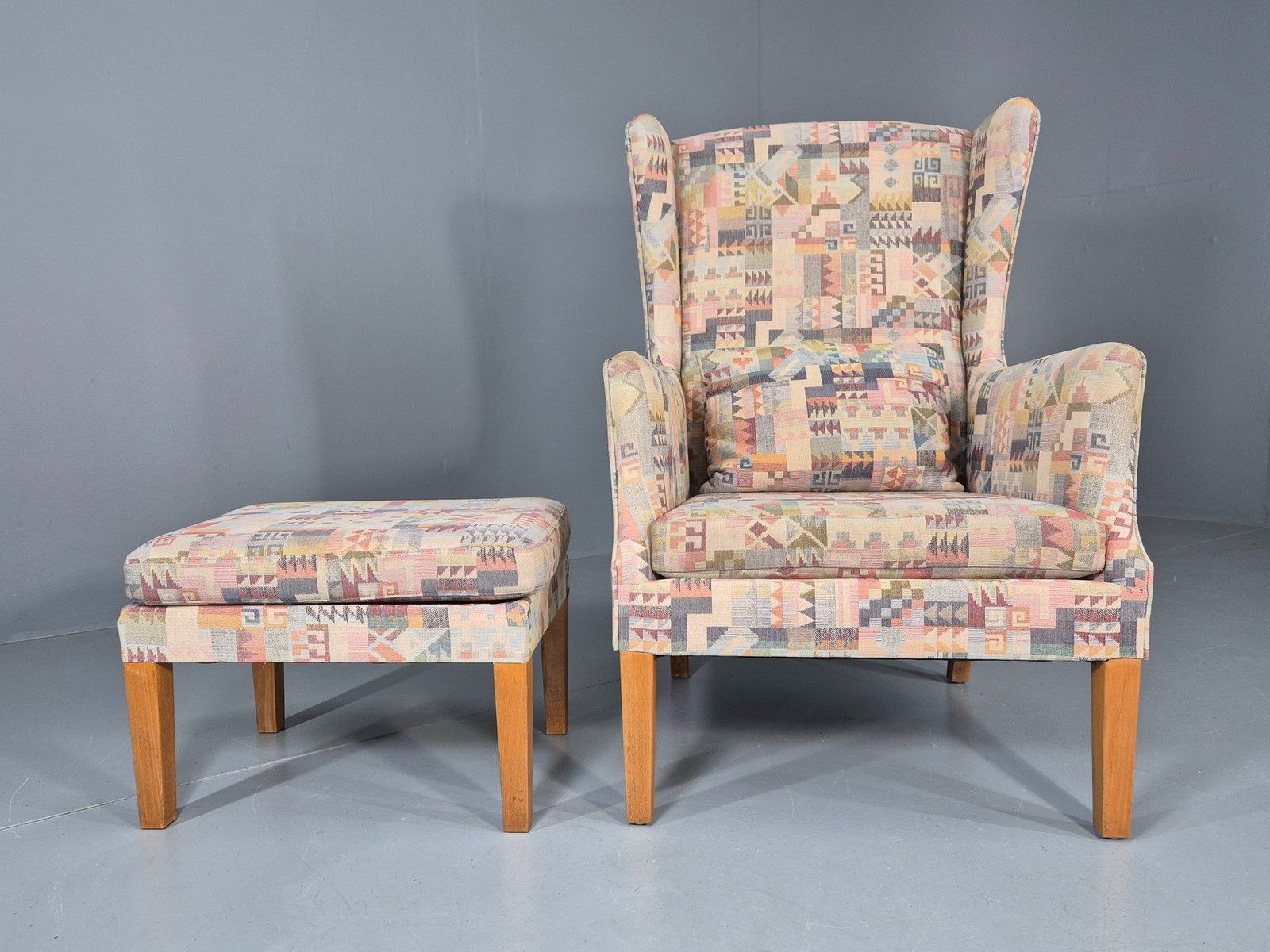 300.0 Vintage Danish Wing Back Armchair And Stool 1980s Retro Mcm Eb12139 photo