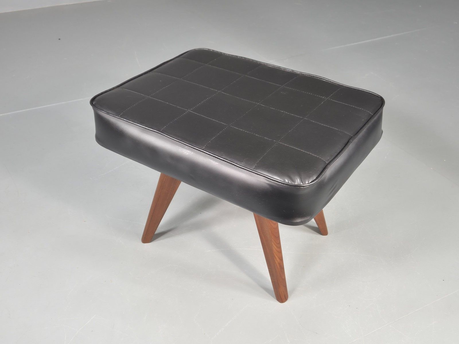 Vintage Mid Century Danish Footstool Black Vinyl Teak Legs 1960s Retro Eb12148 photo vinterior