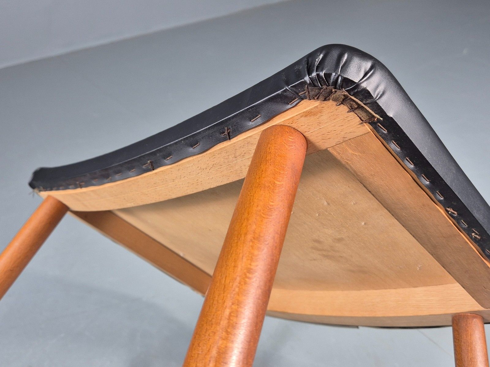 70.0 Vintage Danish Mid Century Footstool Black Vinyl Beech Legs 1960s Retro Eb12157 photo