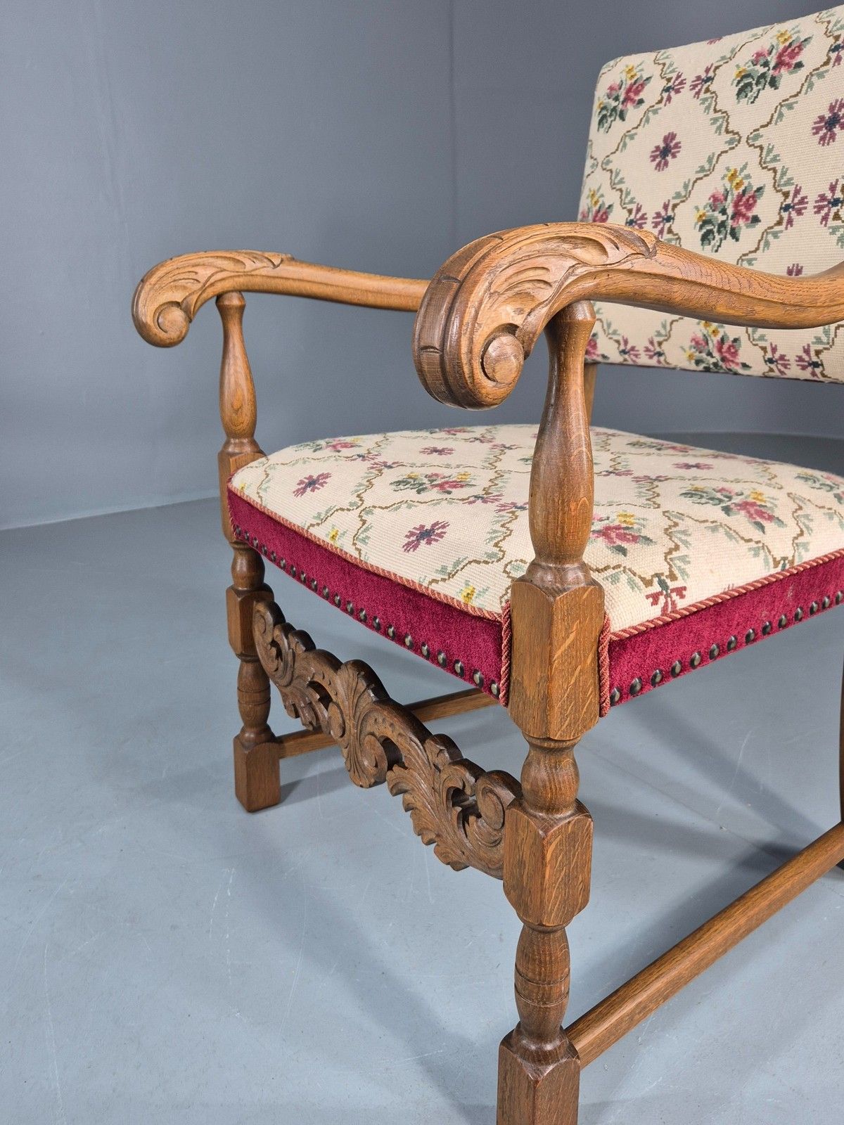 photo furniture Vintage Danish Baroque Armchair Carved Oak Frame Tapestry Seat Eb12113