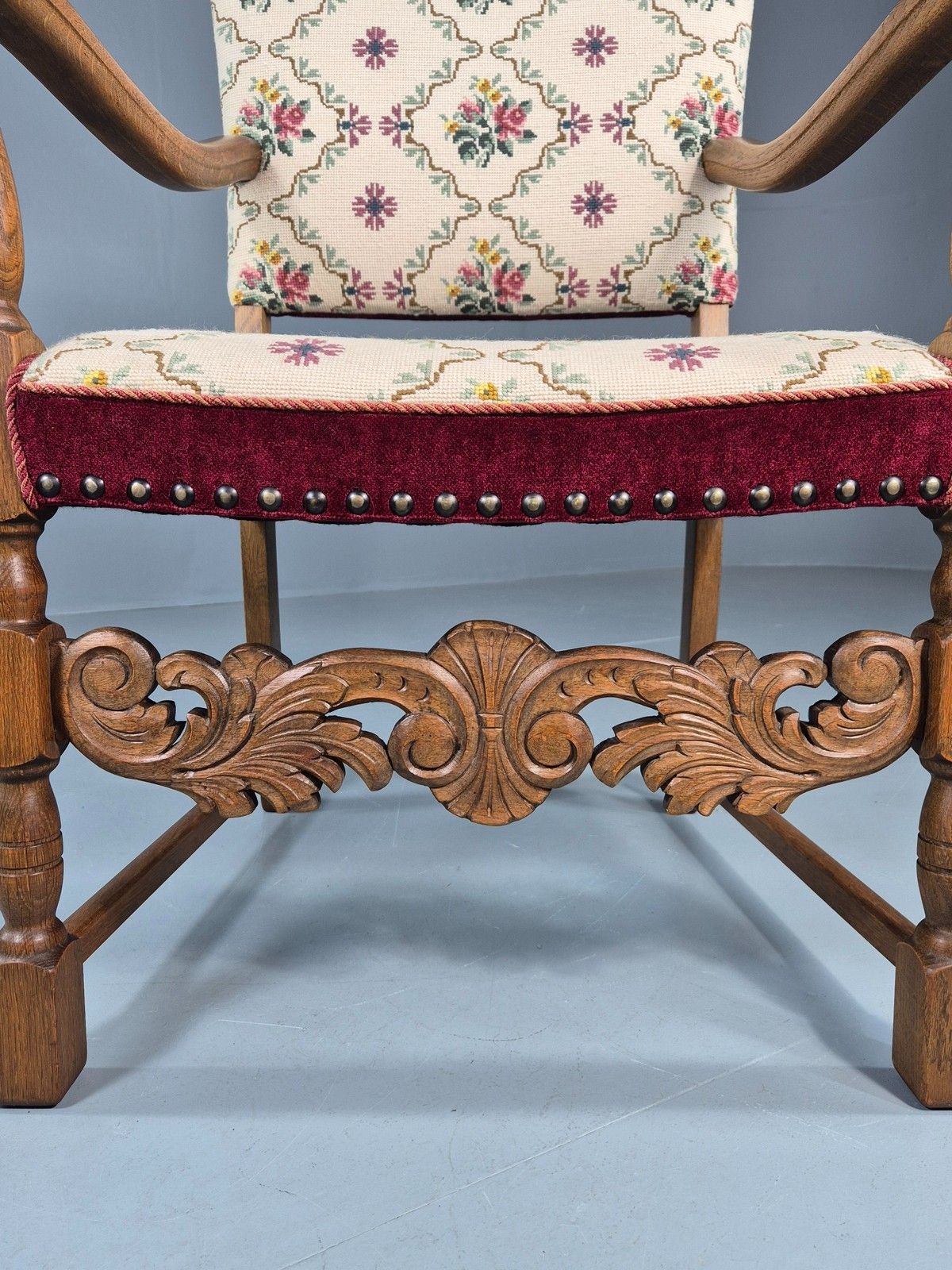 Furniture Vintage Danish Baroque Armchair Carved Oak Frame Tapestry Seat Eb12113 photo