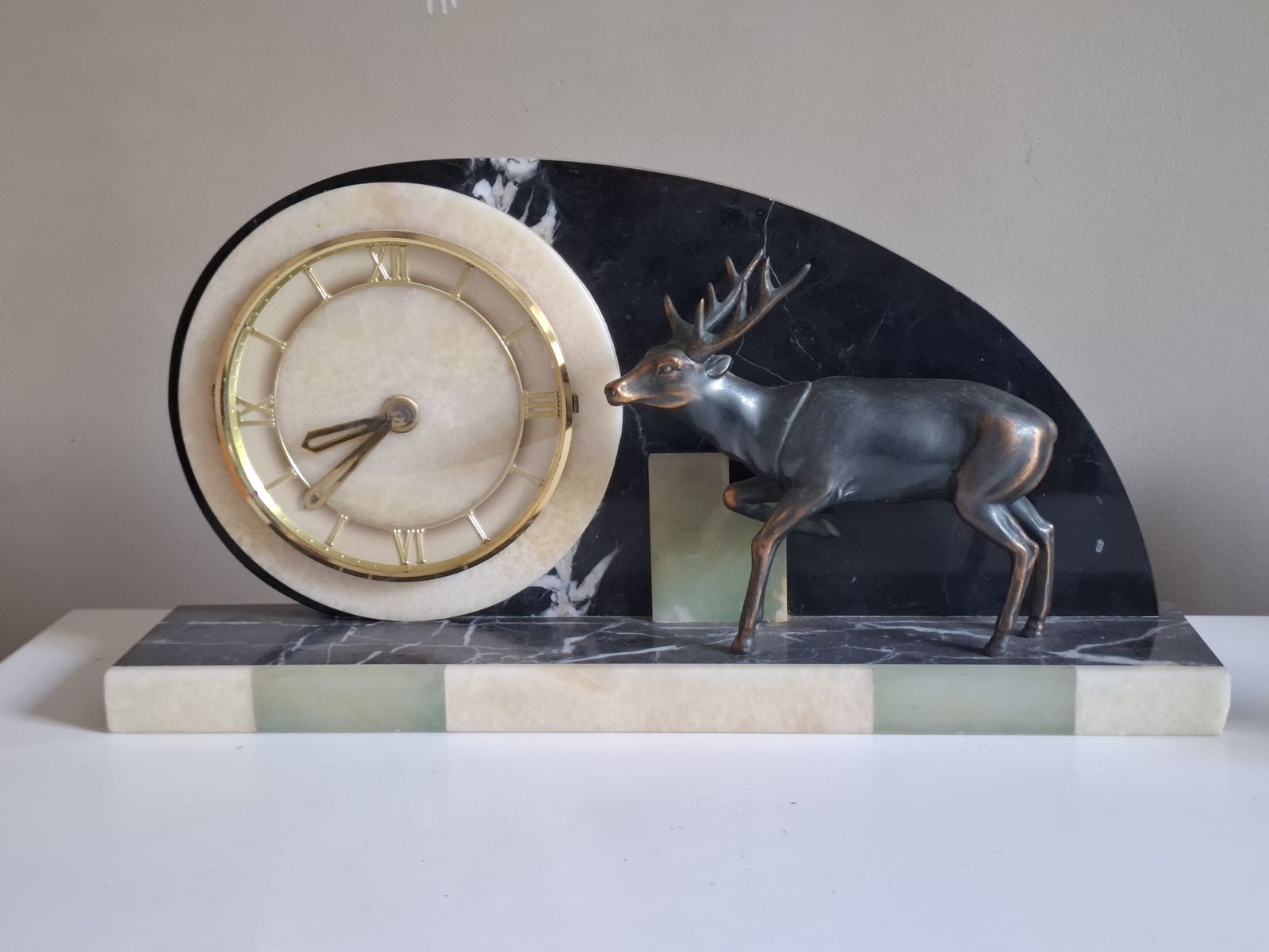 French Art Deco Mantle Clock On Marble Base With Spelter Deer Figurine