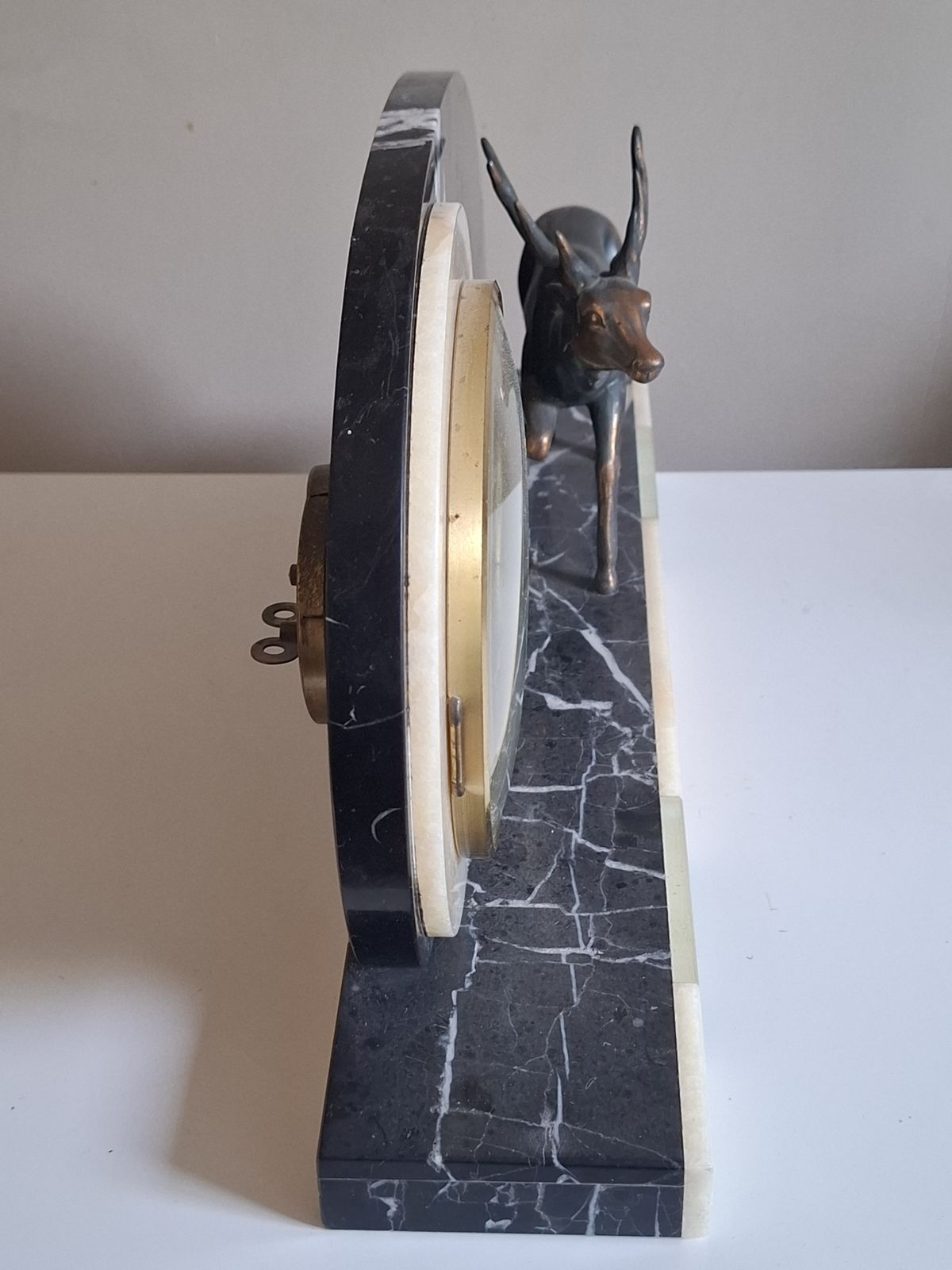 French Art Deco Mantle Clock On Marble Base With Spelter Deer Figurine photo vintage