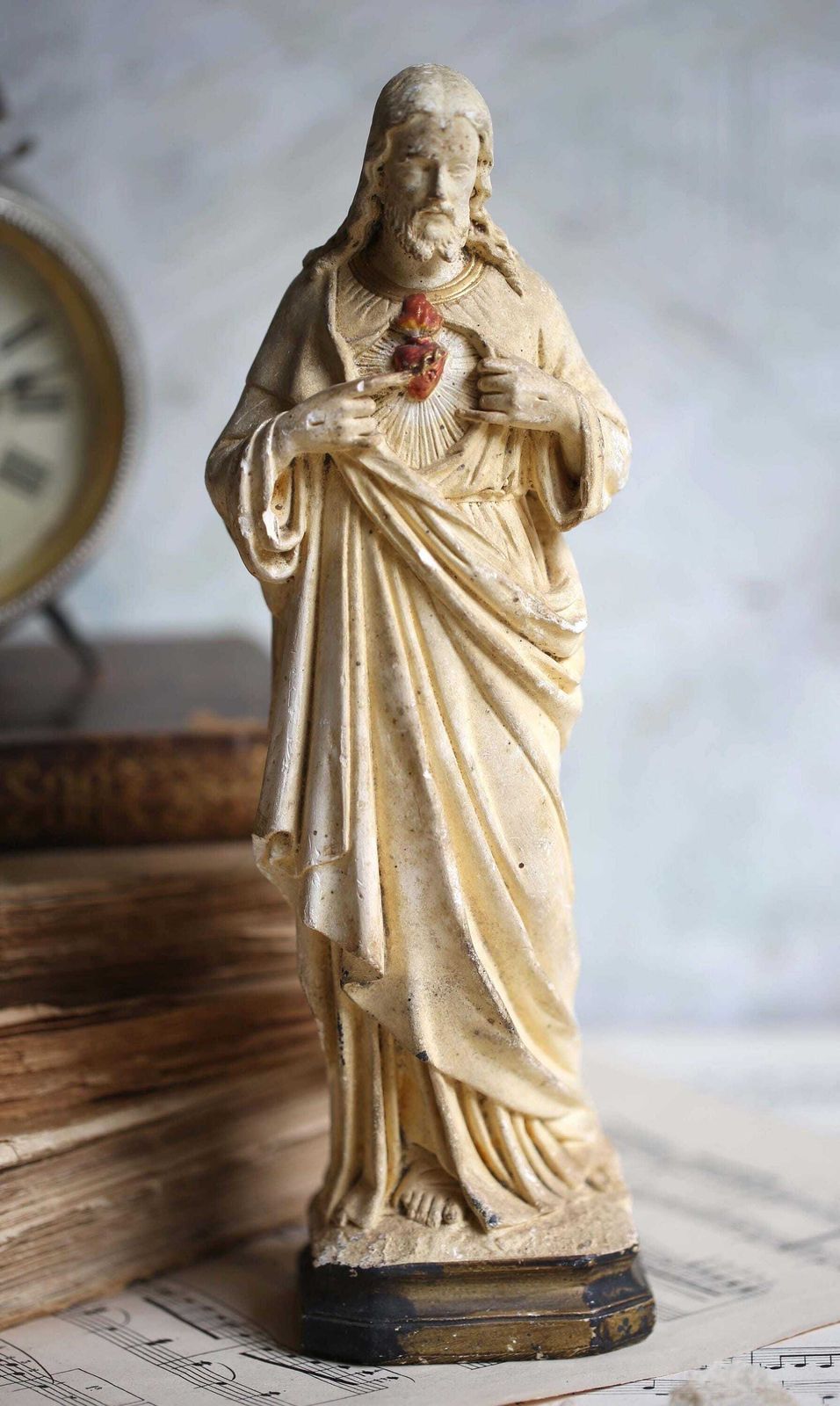 French Antique Chalkware Sacred Heart Jesus Christ Statue 1800s