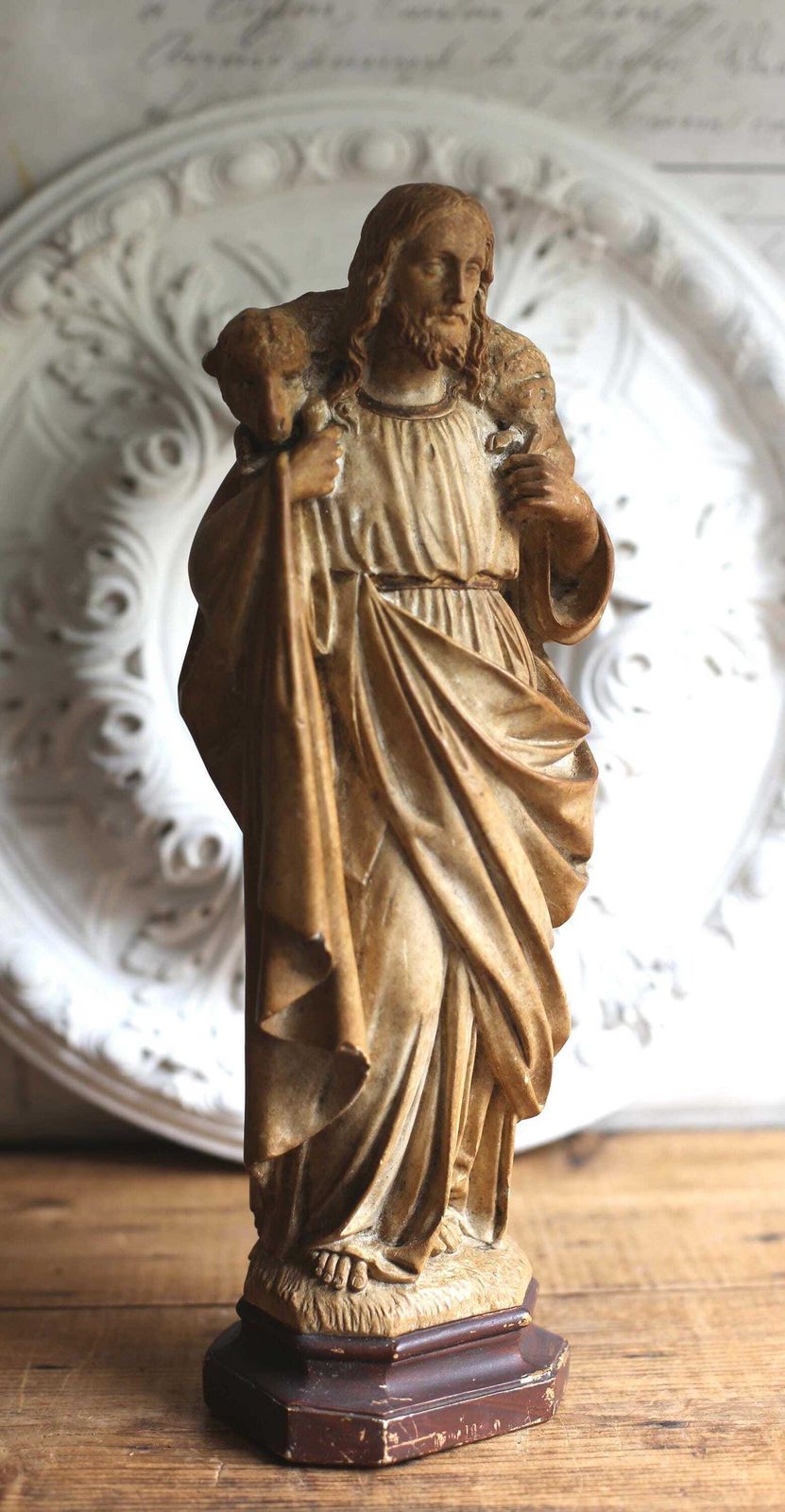 Antique French Good Shepherd Jesus Statue Religious Christ Figure With Lamb