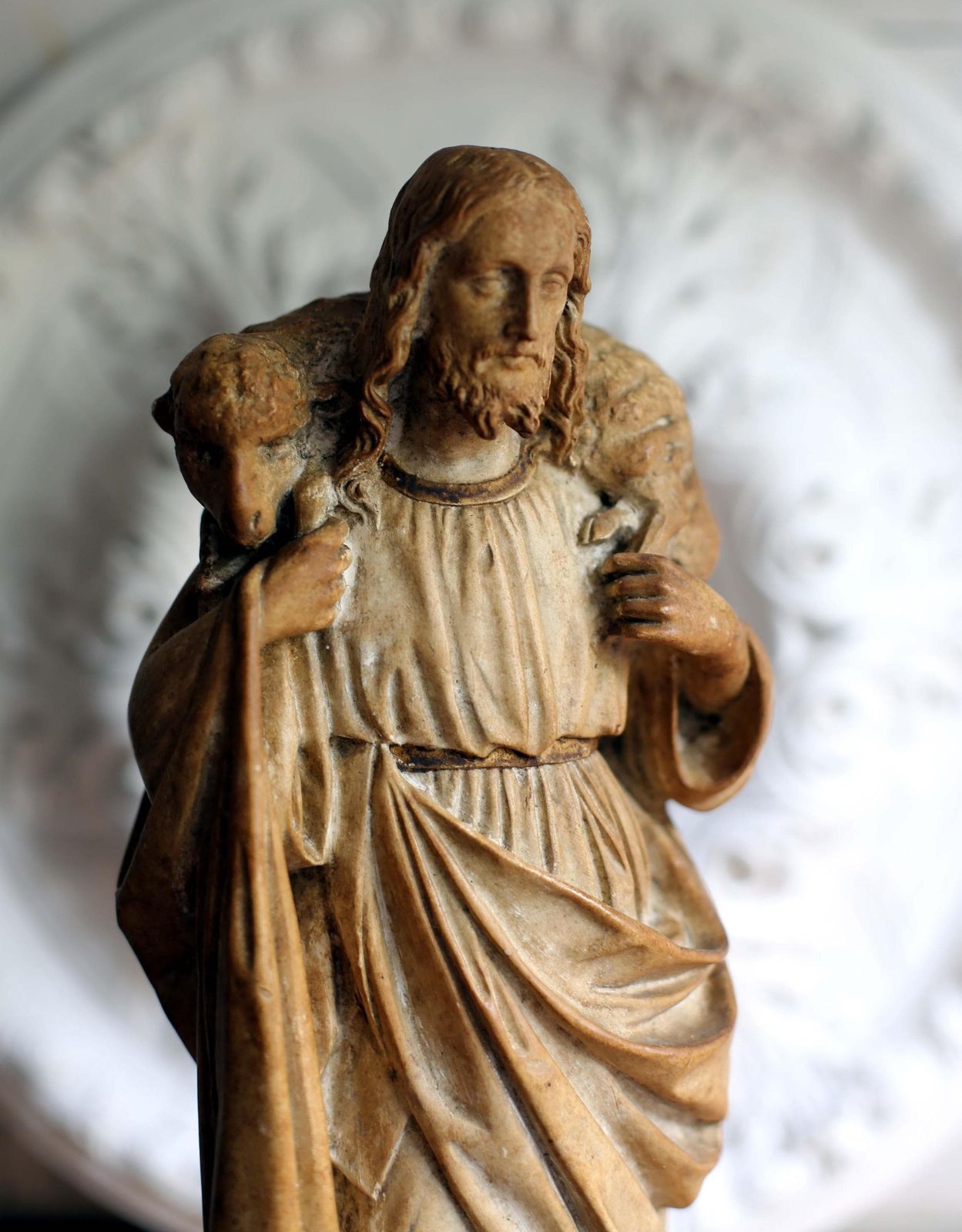 Antique French Good Shepherd Jesus Statue Religious Christ Figure With Lamb photo furniture