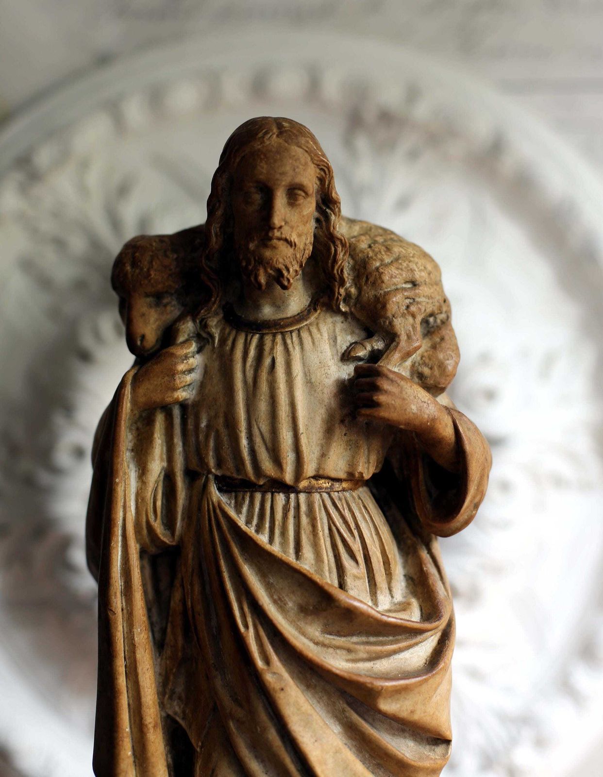 Antique French Good Shepherd Jesus Statue Religious Christ Figure With Lamb photo 330.0