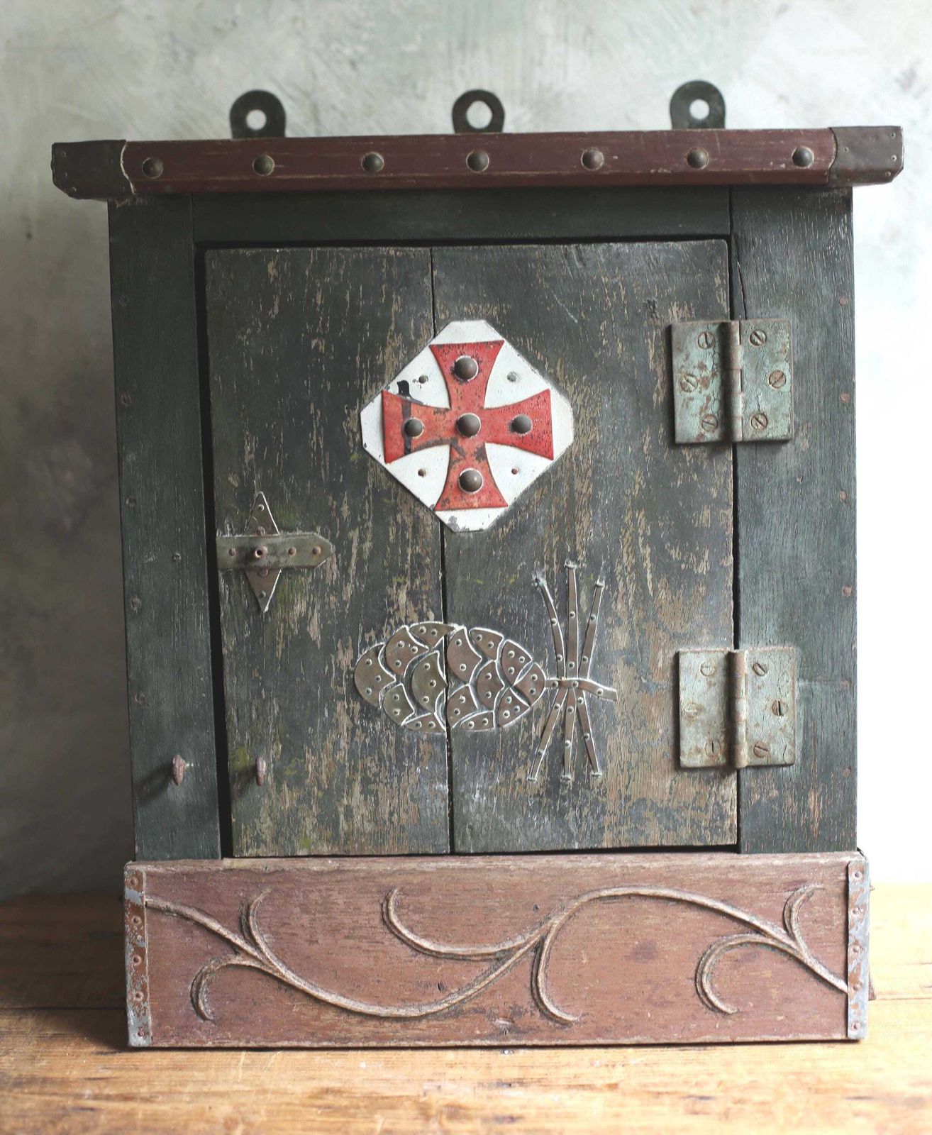 Antique French Cabinet Painted Folk Art Wooden Green Distressed With Red Cross Tabernacle photo Furniture