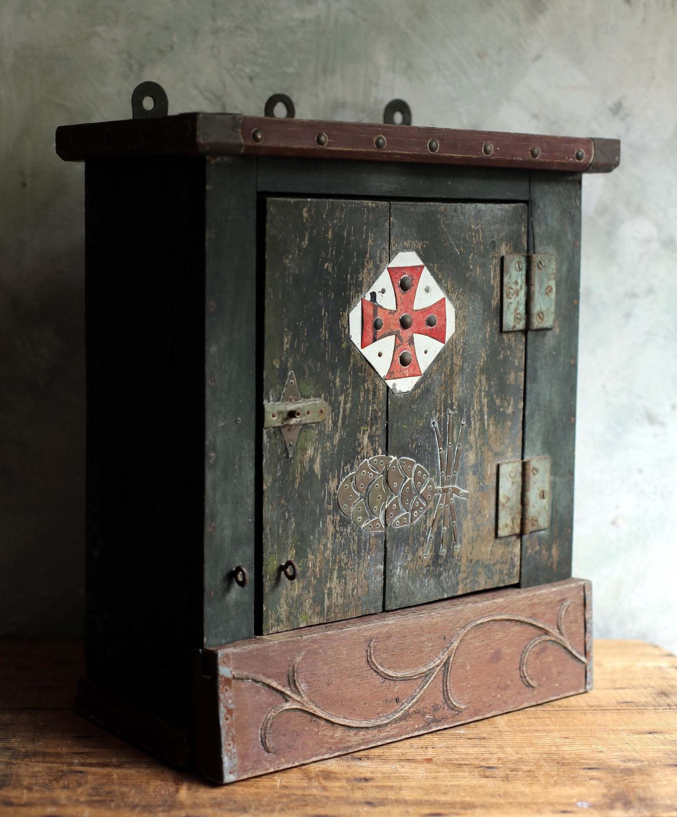 Antique French Cabinet Painted Folk Art Wooden Green Distressed With Red Cross Tabernacle photo buy