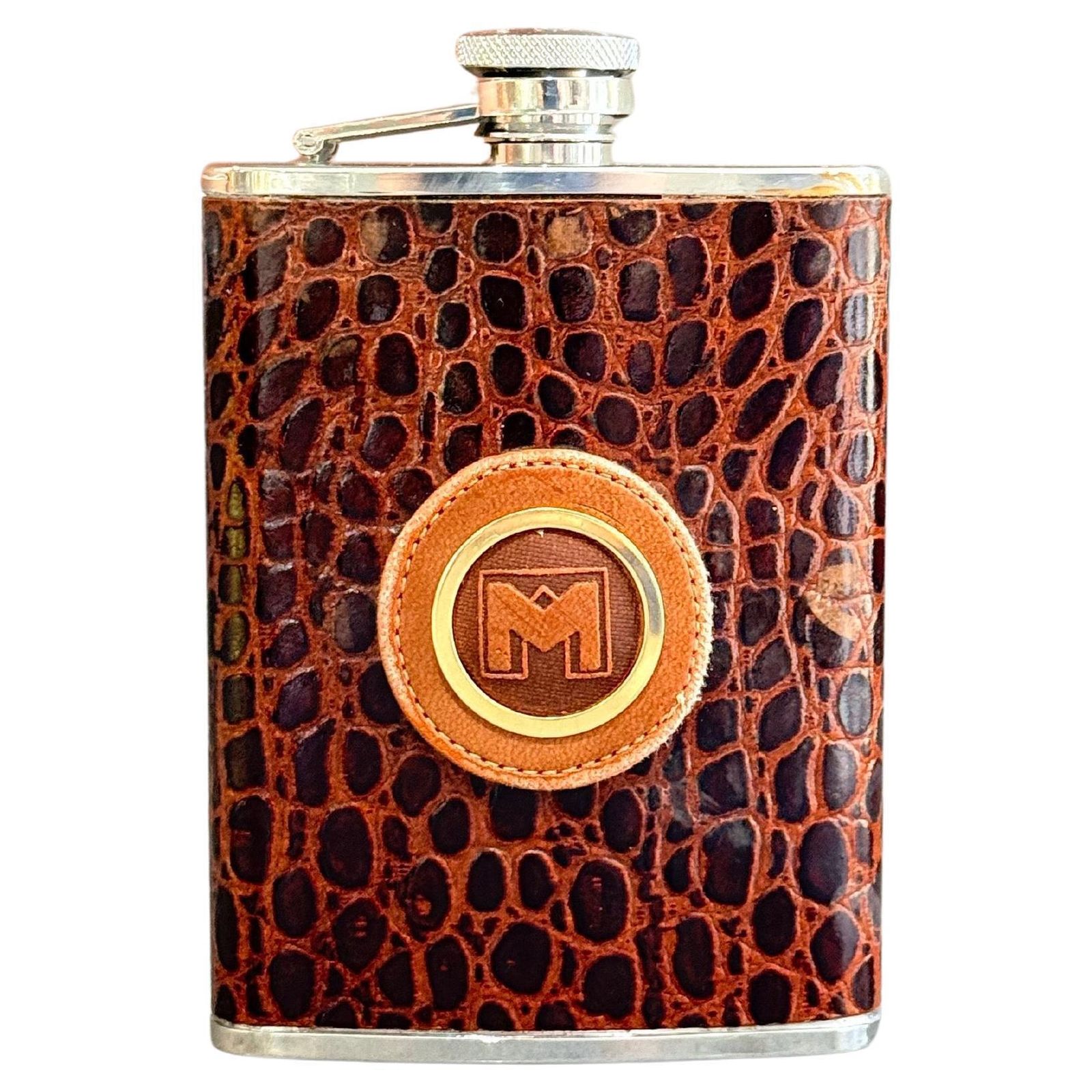 Flasque de poche en cuir embossé croco avec monogramme, cadeau vintage pour gentleman