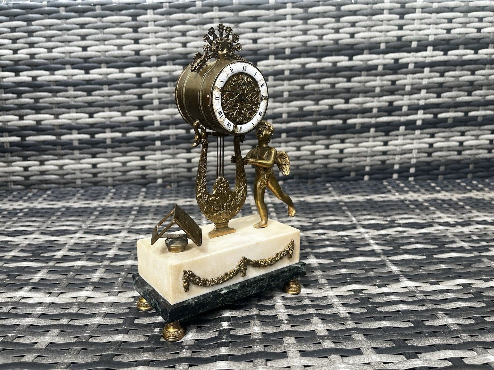 Antique French Louis XVI Style Lyre Clock Cherub Marble Mantel Clock Prop Repair photo for sale