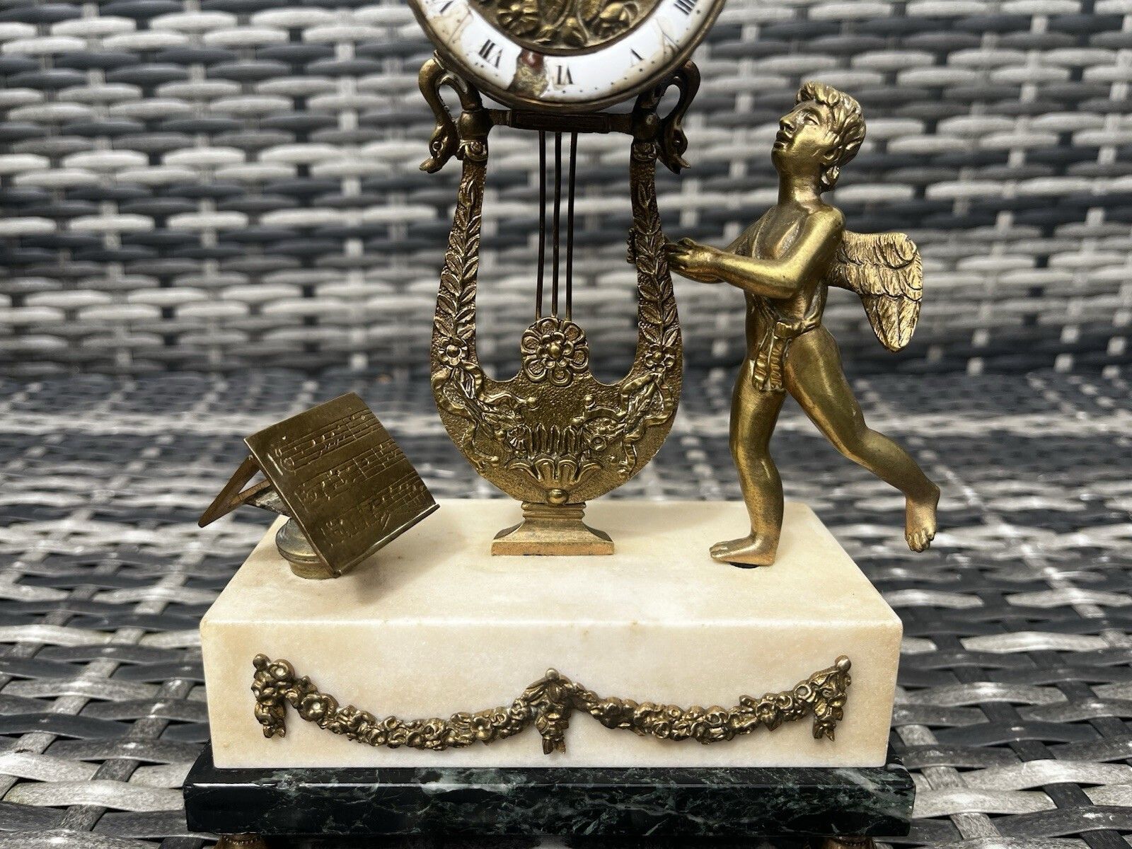 Antique French Louis XVI Style Lyre Clock Cherub Marble Mantel Clock Prop Repair photo 500.0
