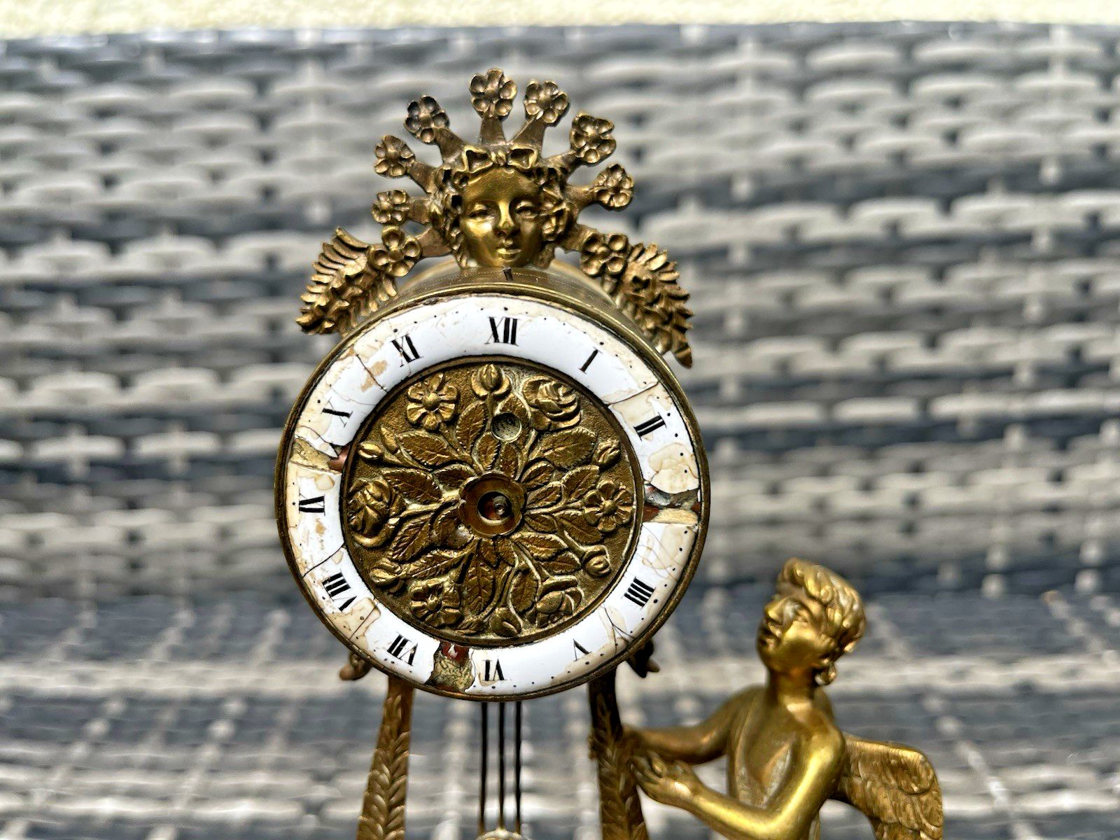 Antique French Louis XVI Style Lyre Clock Cherub Marble Mantel Clock Prop Repair photo buy
