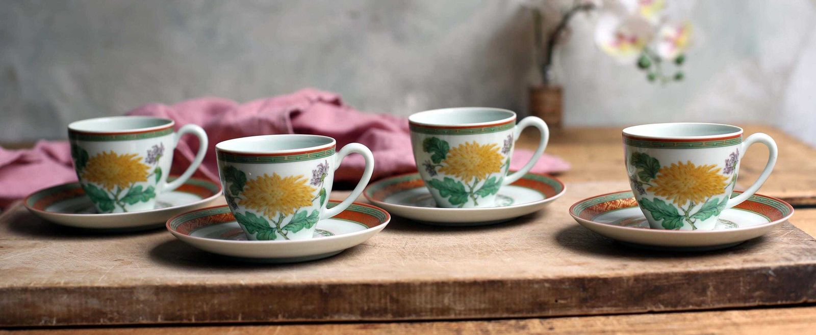 Set Of 4 Vintage Haviland Limoges Cups & Saucers Pate Celadon Chrysantheme French Porcelain Tea Set photo vinterior