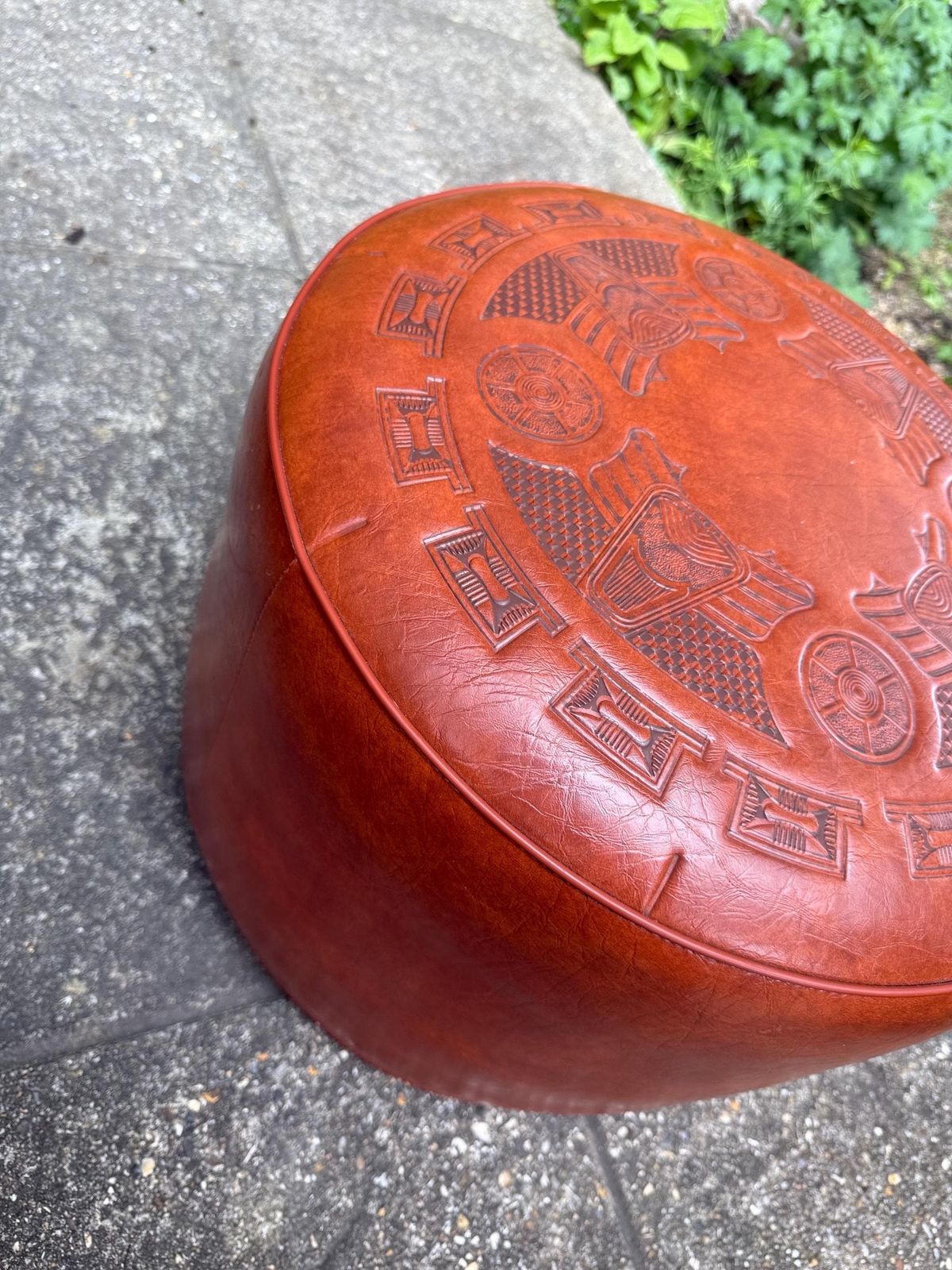 Vintage Moroccan Style Leatherette Pouffe Ottoman With Embossed Tribal Design   Heavy And Solid Quality photo vintage