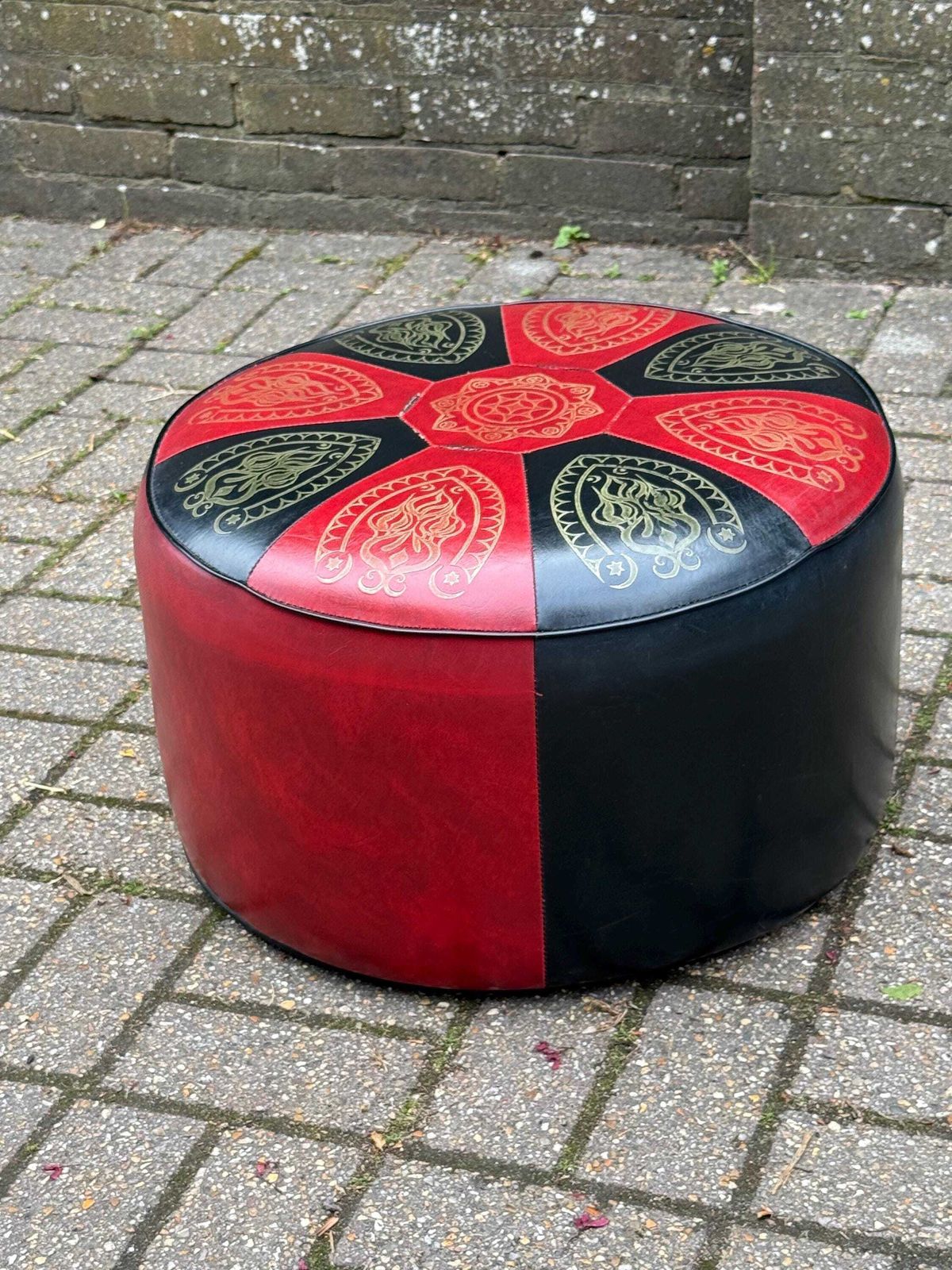 Vintage 1970s Moroccan Style Pouffe Ottoman Footstool In Red & Black Leatherette Sherborne photo furniture