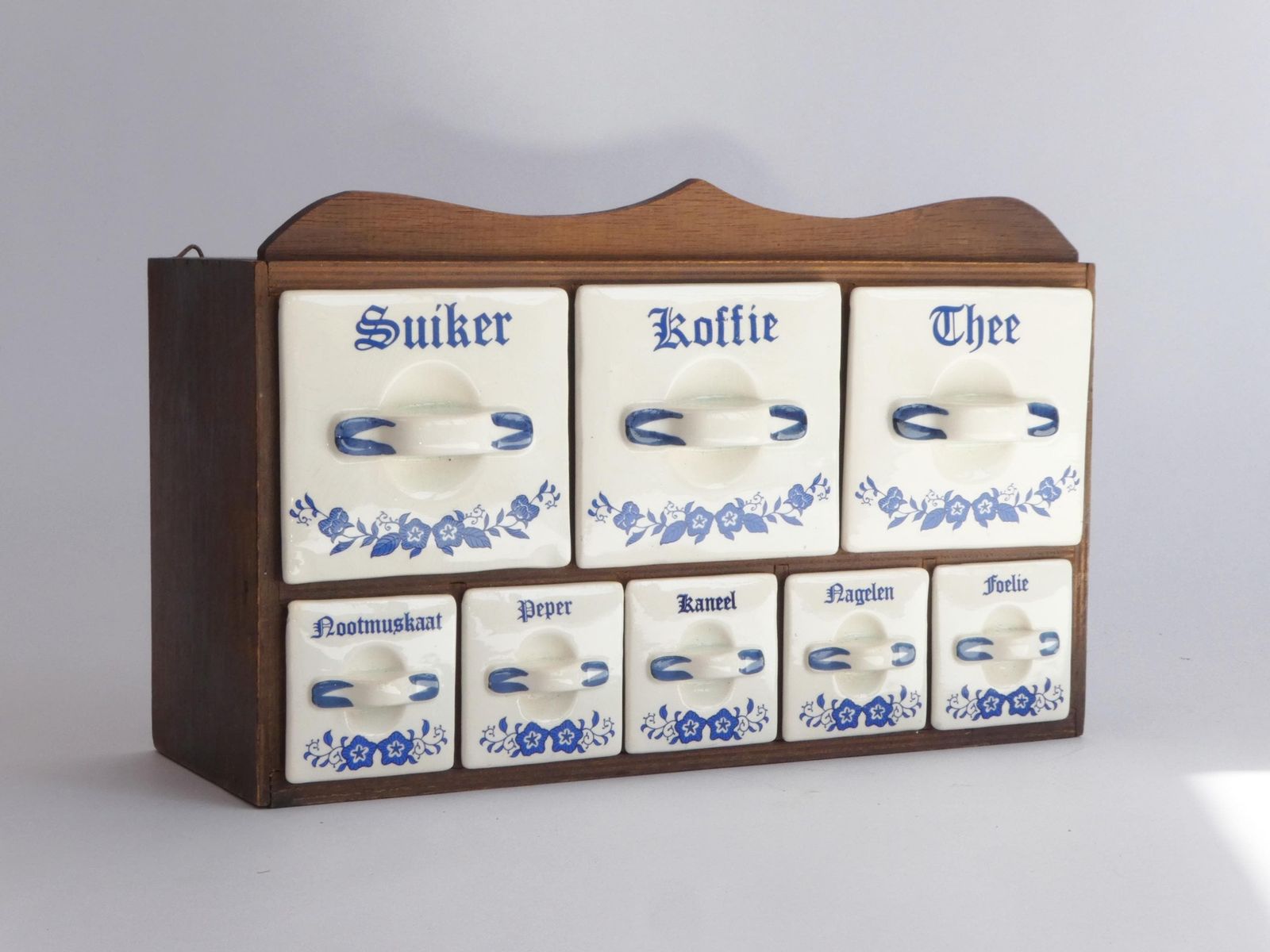 Antique Dutch Spice Cabinet With Ceramic Drawers, Floral Herbs Kitchen Rack With White And Blue, Original Farmhouse Decor Organiser