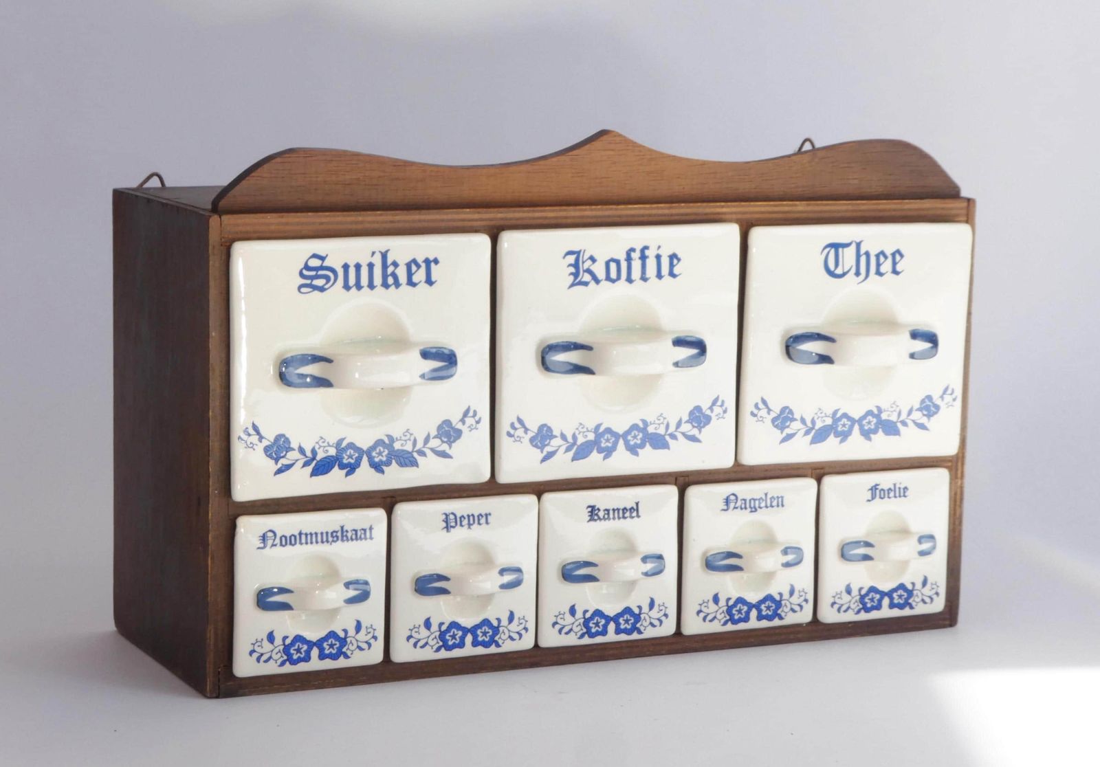 Antique Dutch Spice Cabinet With Ceramic Drawers, Floral Herbs Kitchen Rack With White And Blue, Original Farmhouse Decor Organiser photo buy