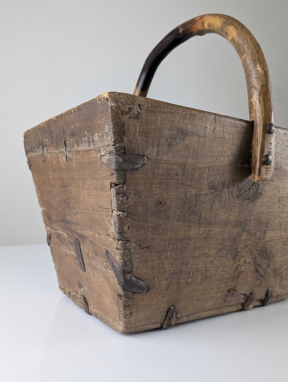 Antique Wooden Log Basket With Wrought Iron Fittings, Wabi Sabi, 19th Century photo furniture