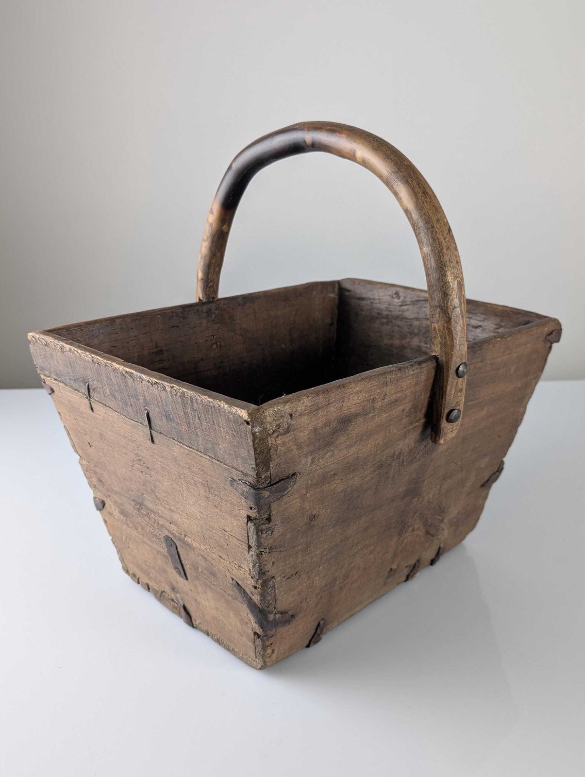 photo furniture Antique Wooden Log Basket With Wrought Iron Fittings, Wabi Sabi, 19th Century