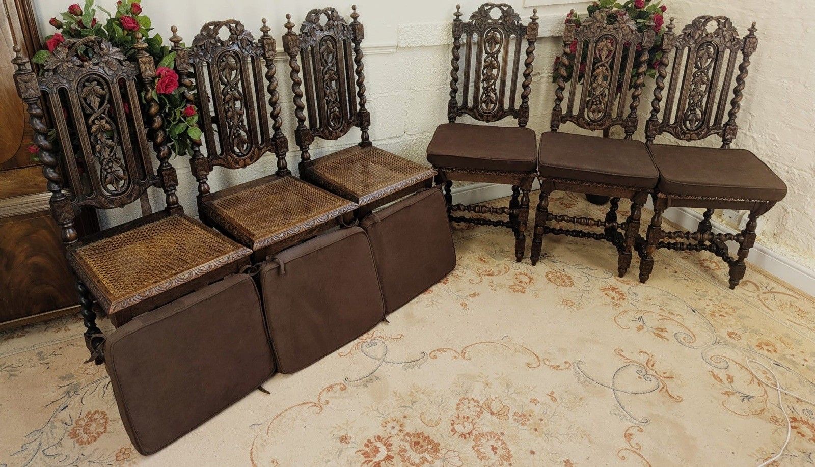 Set Of 6 Victorian Carved Rattan Seated With Cushion Dining Chairs