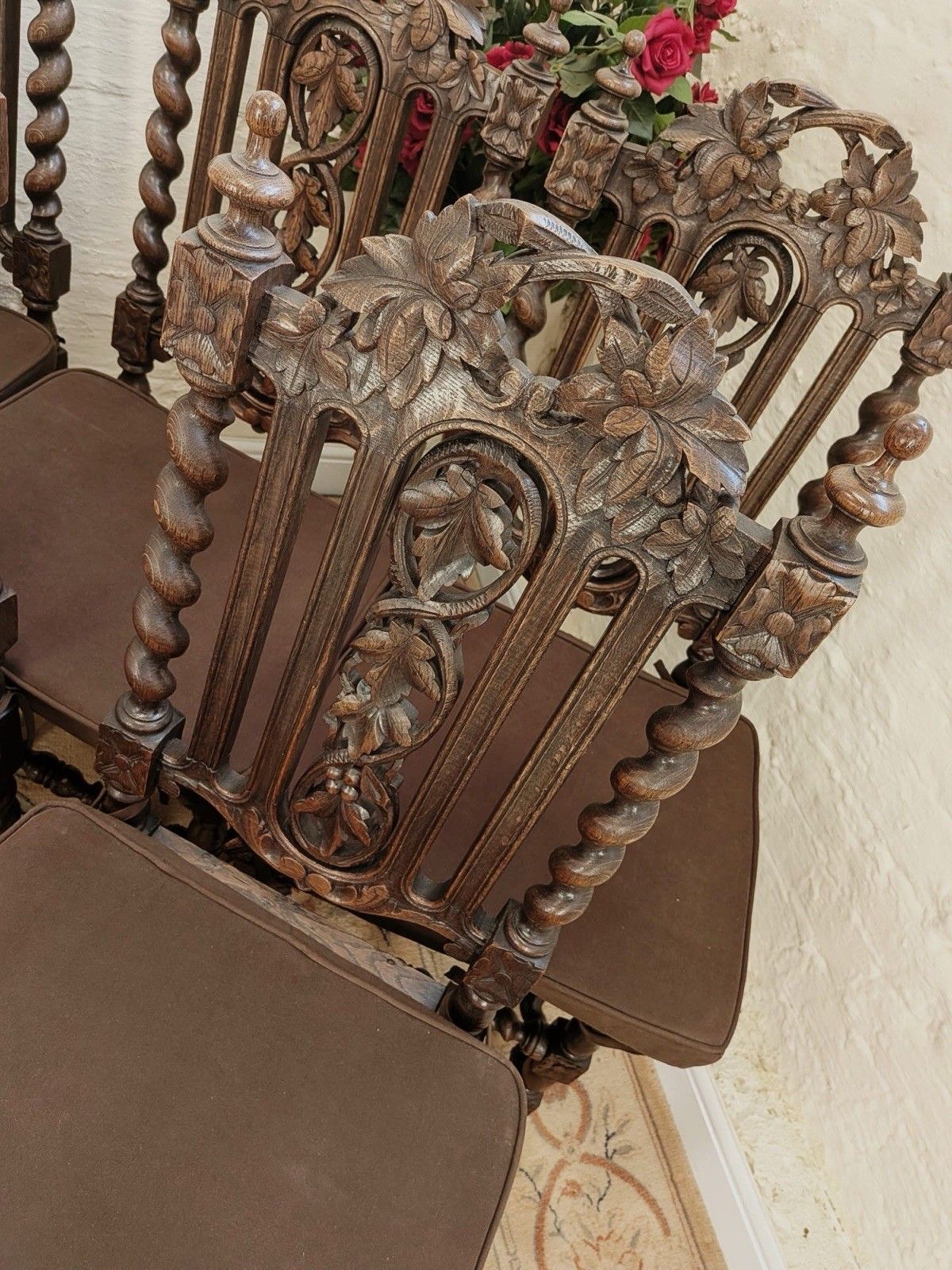 Set Of 6 Victorian Carved Rattan Seated With Cushion Dining Chairs photo buy