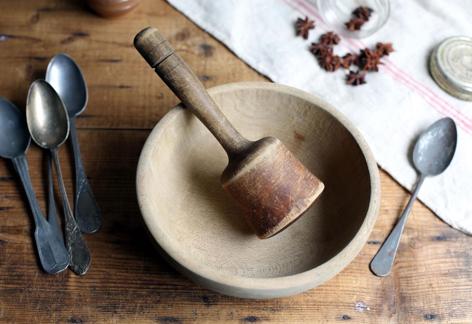 Antique French Wooden Pestle & Mortar Antique Primitive Masher Apothecary Spice Grinder Old Wooden Bowl photo vinterior