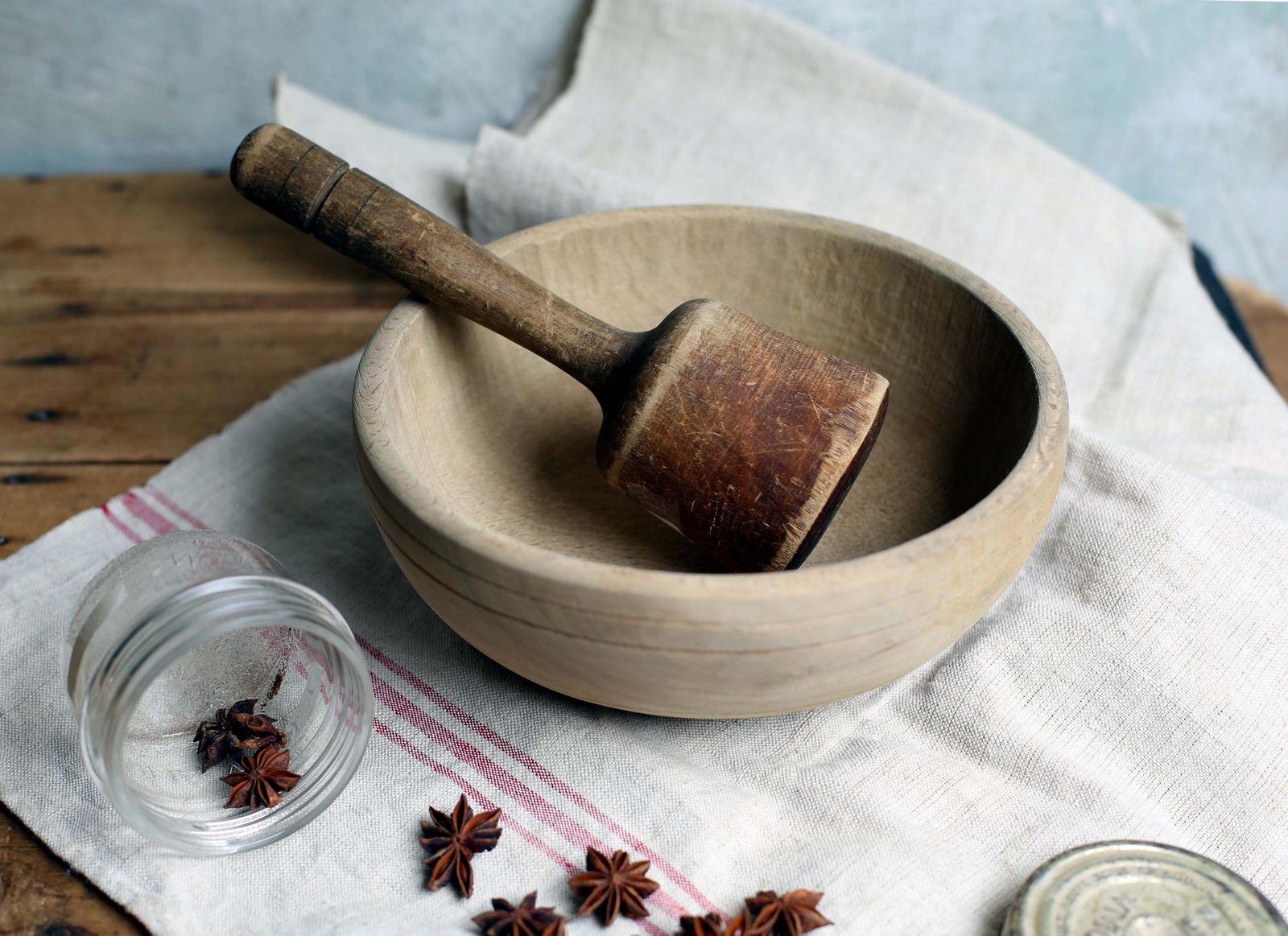 photo for sale Antique French Wooden Pestle & Mortar Antique Primitive Masher Apothecary Spice Grinder Old Wooden Bowl