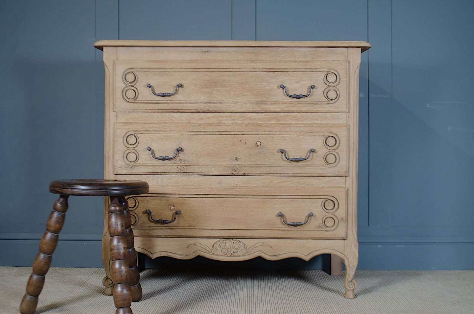 Antique Stripped French Light Oak Chest Of Drawers With Iron Handles & Carved Detail