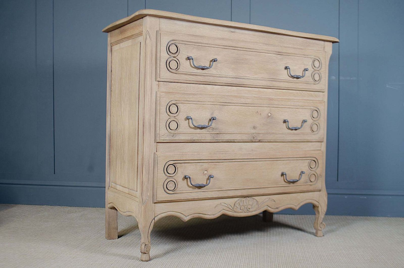 Antique Stripped French Light Oak Chest Of Drawers With Iron Handles & Carved Detail photo furniture