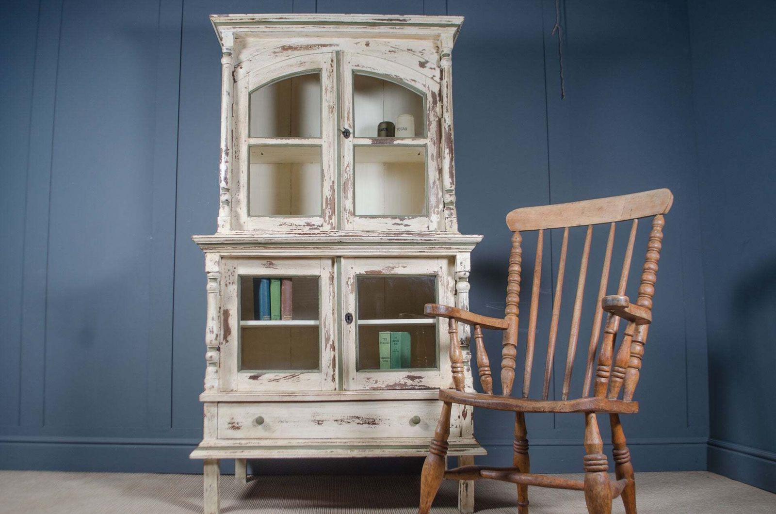 Painted French Glazed Kitchen Dresser In Cream & Green, With Shelves Cupboards photo Furniture