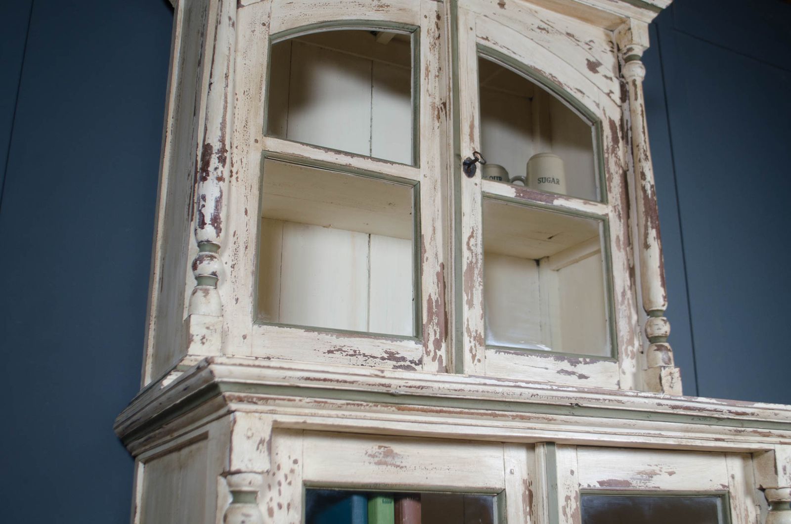 Painted French Glazed Kitchen Dresser In Cream & Green, With Shelves Cupboards photo 620.0