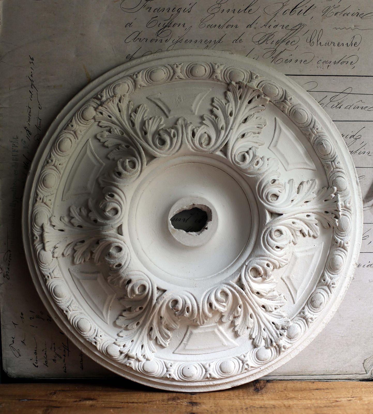 Vintage French Ceiling Medallion Round Molding Rococo Style Decoration Acanthus Leaves Architectural Salvage photo furniture