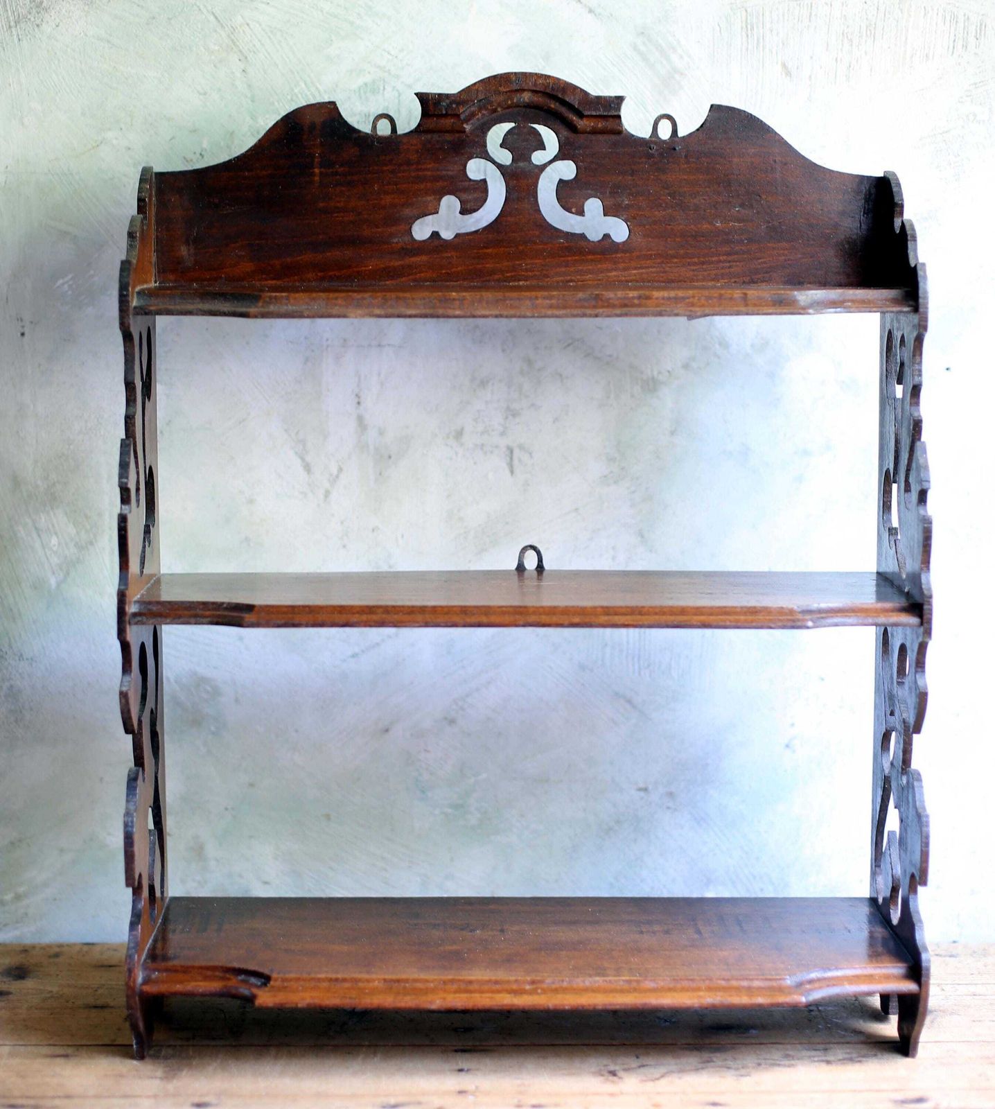 Antique French Gothic Bookcase Shelves Small Wooden Church Wall Mounted Shelf Unit photo for sale