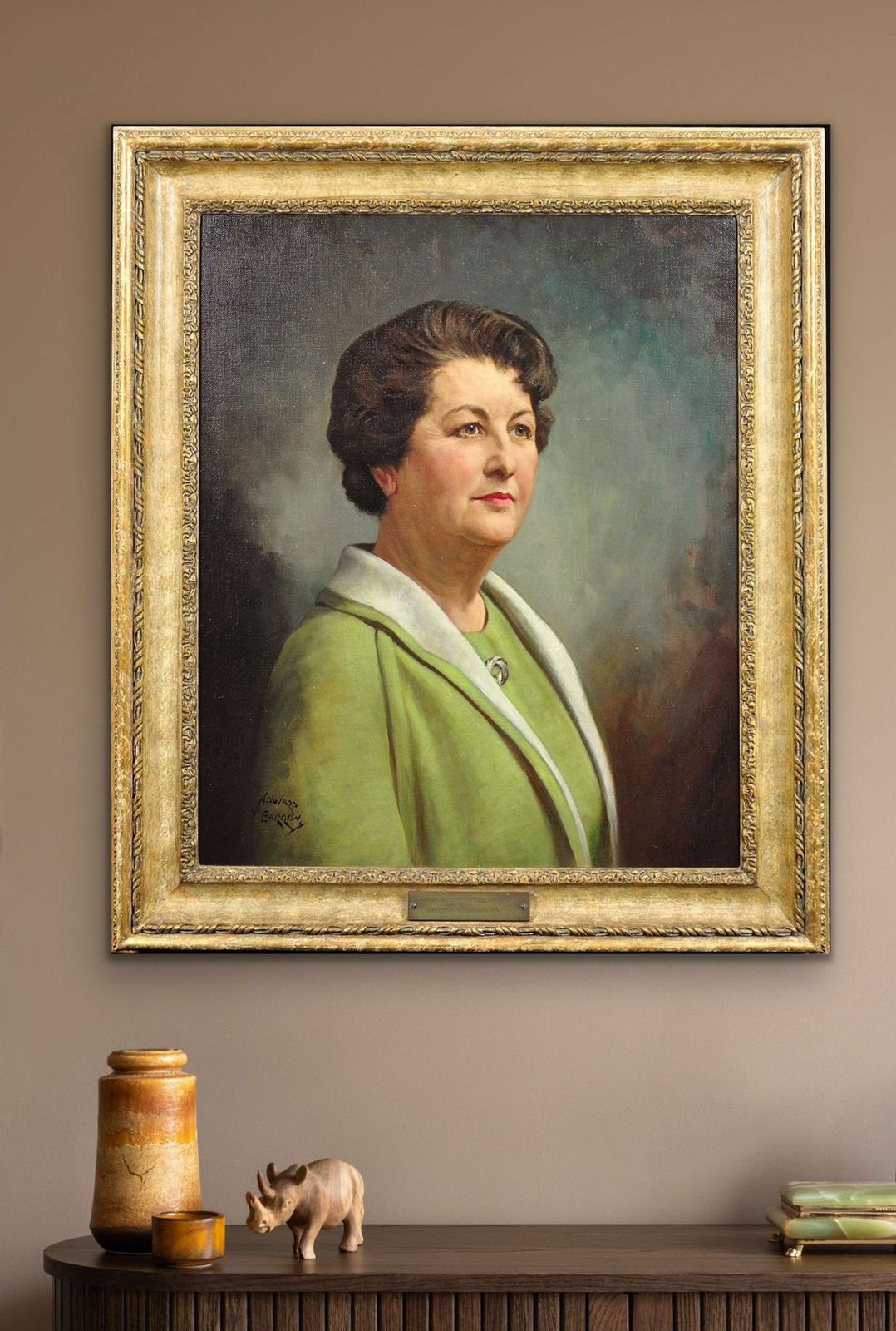 Howard Barron. Katherine Merry Nee Horstmann, directeur Horstmann Gear Company 1946, stad Bath. Ingelijst olieverfschilderij uit de jaren 1940, portret van een vrouw in de industrie. photo vintage