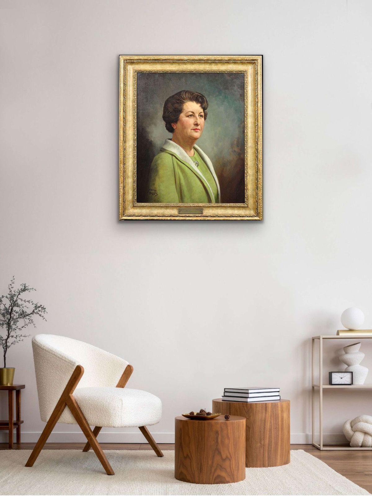 photo furniture Howard Barron. Katherine Merry Nee Horstmann, directeur Horstmann Gear Company 1946, stad Bath. Ingelijst olieverfschilderij uit de jaren 1940, portret van een vrouw in de industrie.