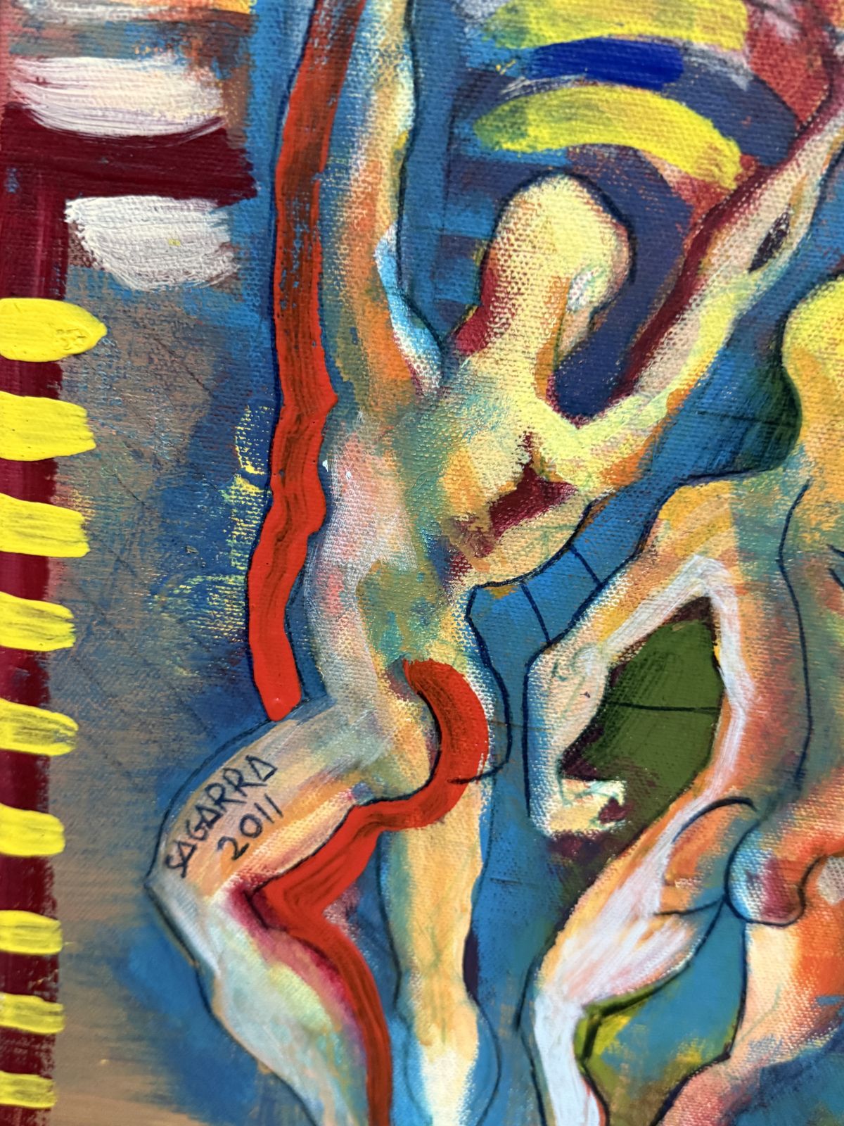 Sagarra, peinture néo-expressionniste figurative à l'huile sur toile avec figures masquées, 2011 photo furniture