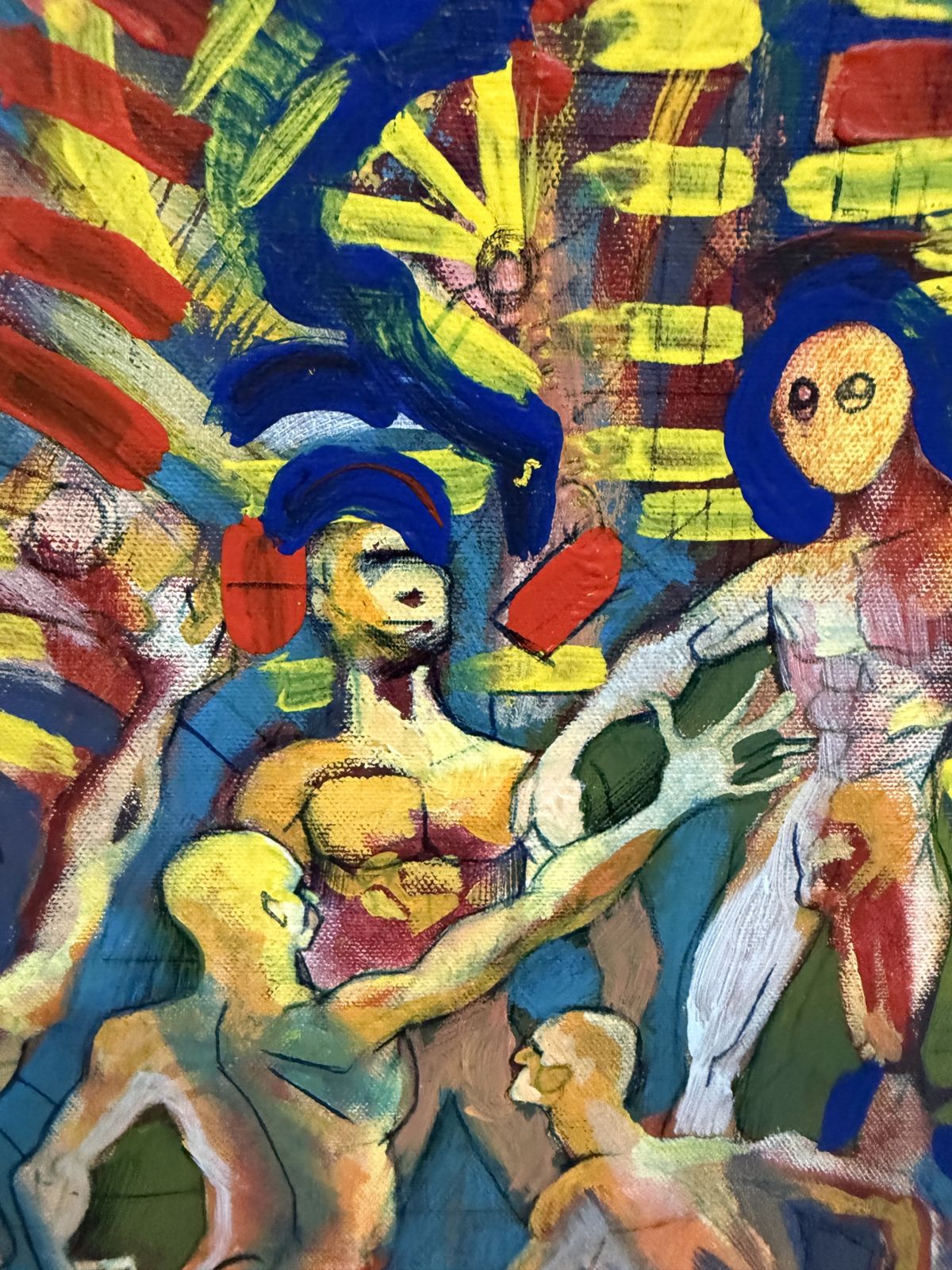 Sagarra, peinture néo-expressionniste figurative à l'huile sur toile avec figures masquées, 2011 photo for sale