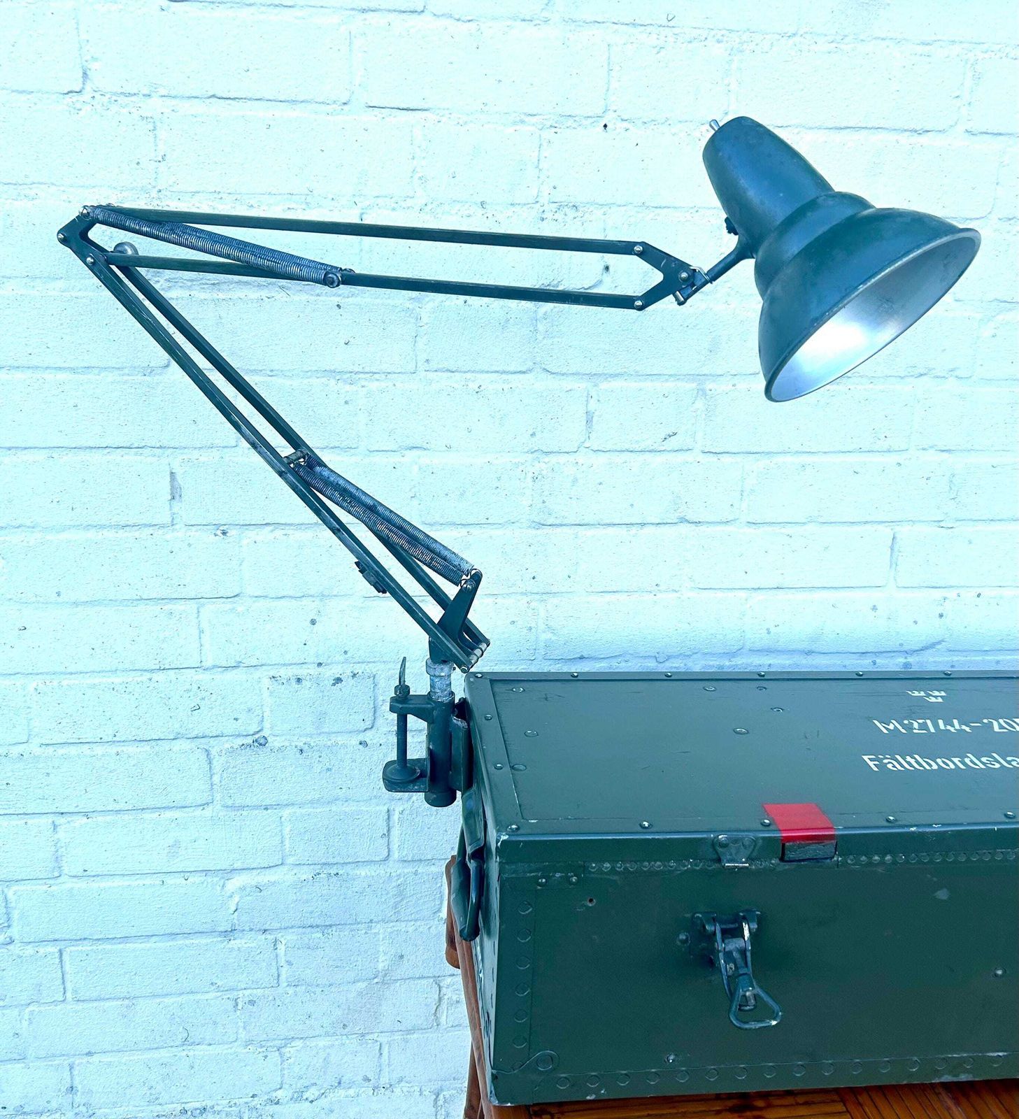5 Available 1980s Military Swedish Green Clamp On Lamp Desk Industrial Vintage Retro Anglepoise Antique Light Lighting Mid Century Army