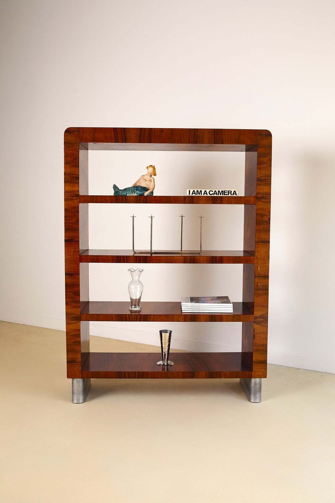Italian Burl Wood Bookcase With Chrome Feet photo for sale
