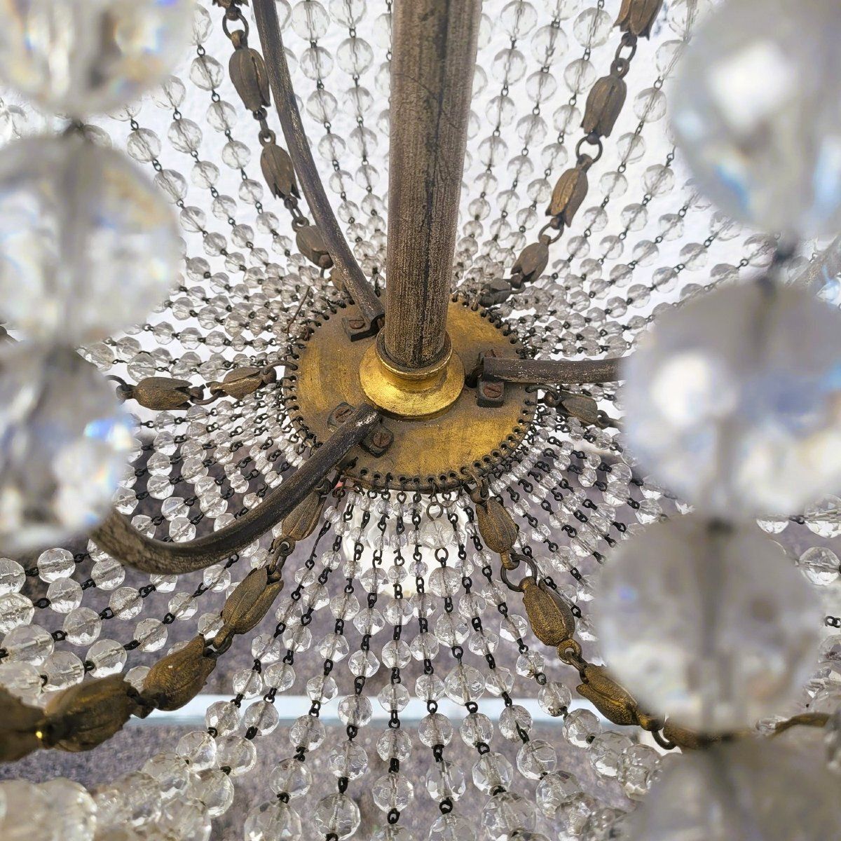 photo furniture Balloon Chandelier / Beaded Bag H105cm, Bronze And Crystal, Early 20th Century