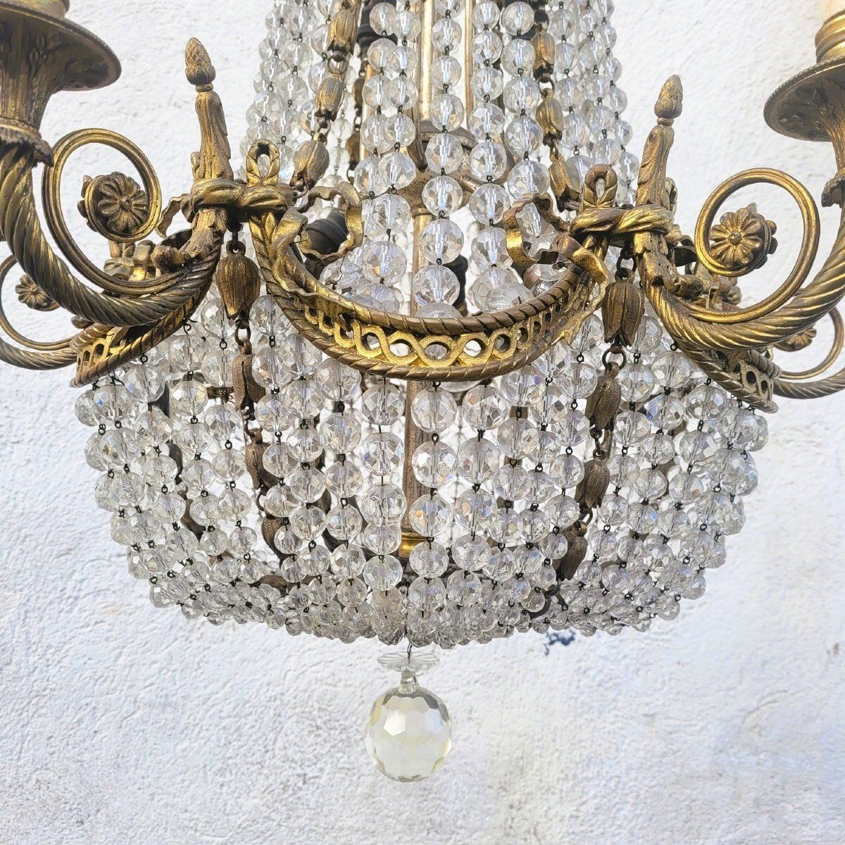 photo for sale Balloon Chandelier / Beaded Bag H105cm, Bronze And Crystal, Early 20th Century