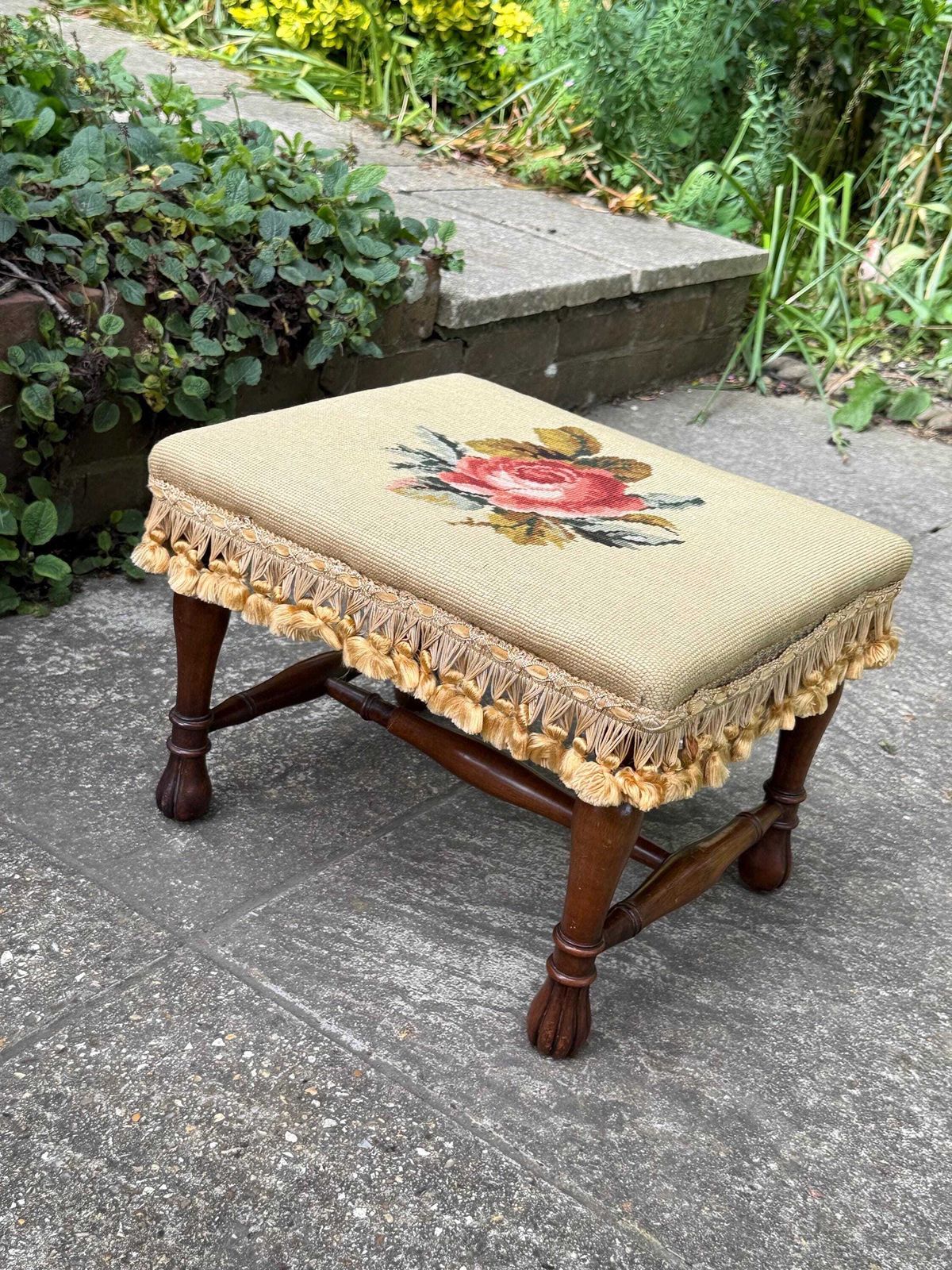Vintage Needlepoint Fireside Footstool With Tassel Fringe And Turned Wooden Legs photo for sale
