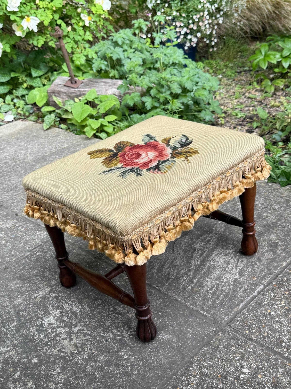 Vintage Needlepoint Fireside Footstool With Tassel Fringe And Turned Wooden Legs photo Furniture